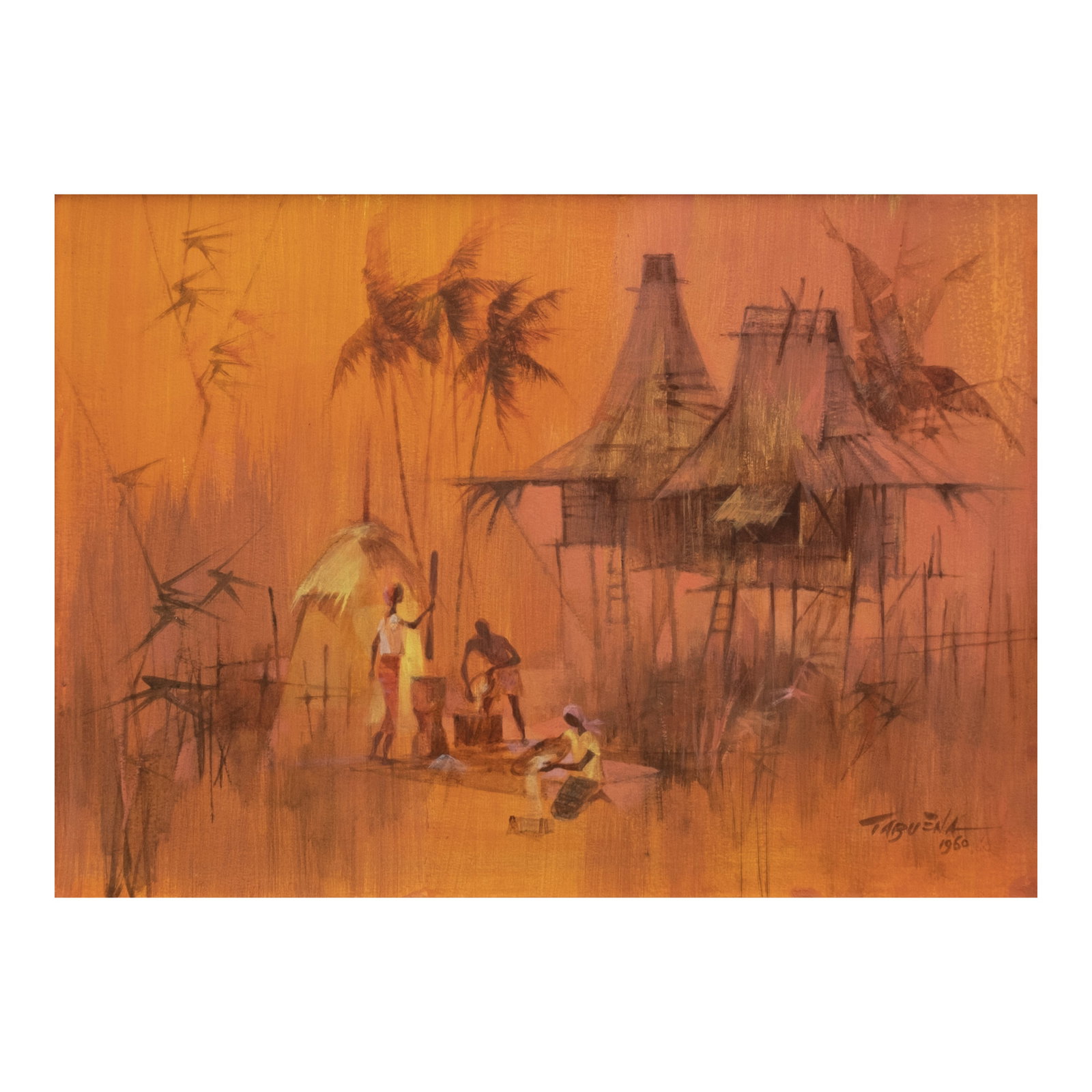 Romeo Tabuena (1921 - 2015): Pounding and Winnowing Rice signed and dated 1960 (lower right) oil on board 16" x 22 1/2" (41 cm x 57 cm) PROVENANCE Private collection, Manila Providing another art piece that beautifully reflects h