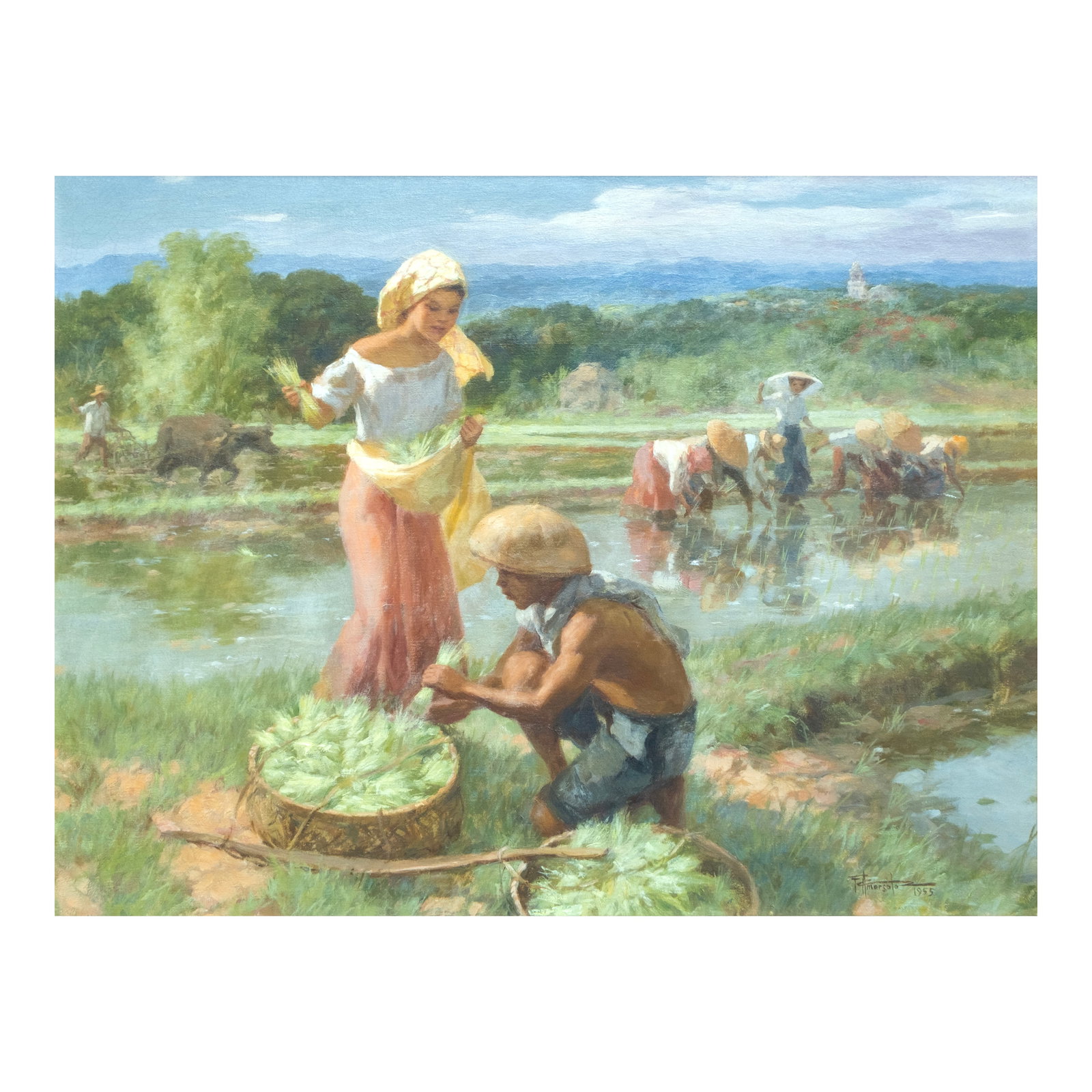 Fernando Amorsolo (1892 - 1972): PROPERTY FROM THE HON. GEORGE A. MALCOLM COLLECTION Planting Rice signed and dated 1955 (lower right) oil on canvas 24" x 32" (61 cm x 81 cm) PROVENANCE Acquired directly from the artis