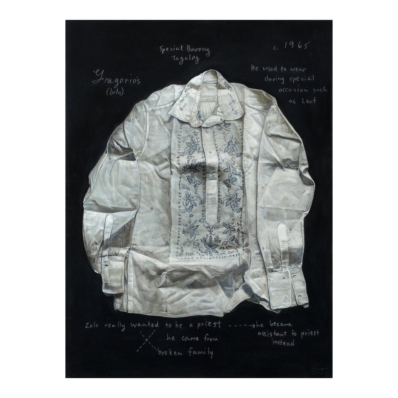 Marina Cruz (b. 1982): Gregorio's Barong signed and dated 2023 (lower right) oil and embroidery on canvas 48" x 36" (122 cm x 91 cm) PROVENANCE Gajah Gallery EXHIBITED Gajah Gallery, In Excess: An Exuber