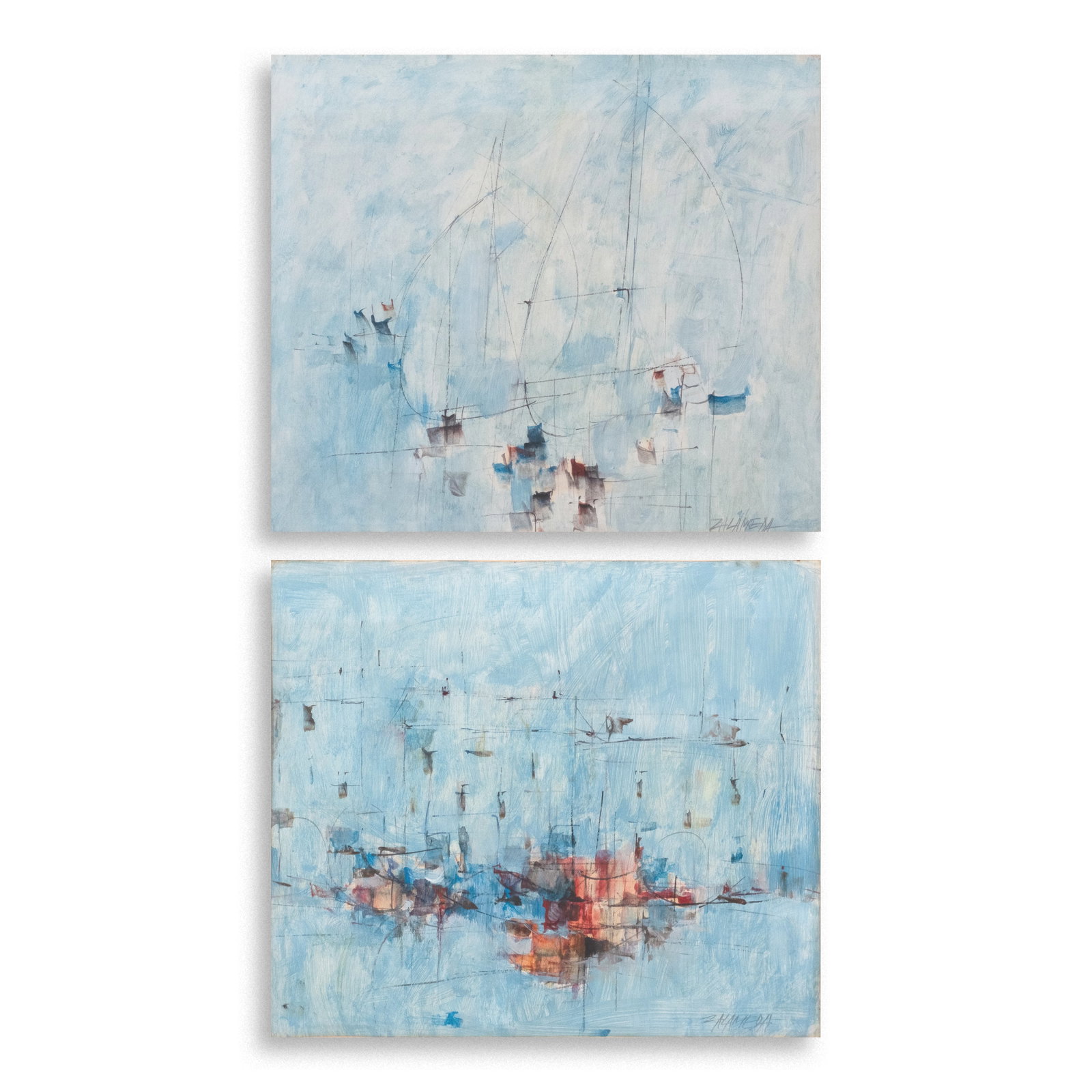 Oscar Zalameda (1930 - 2010): a.) Sailboats signed (lower right) ca.1963 oil on paper 16 1/2" x 19" (42 cm x 48 cm) b.) Sailboats signed (lower right) ca.1963 oil on paper 16 1/2" x 19" (42 cm x 48 cm) P