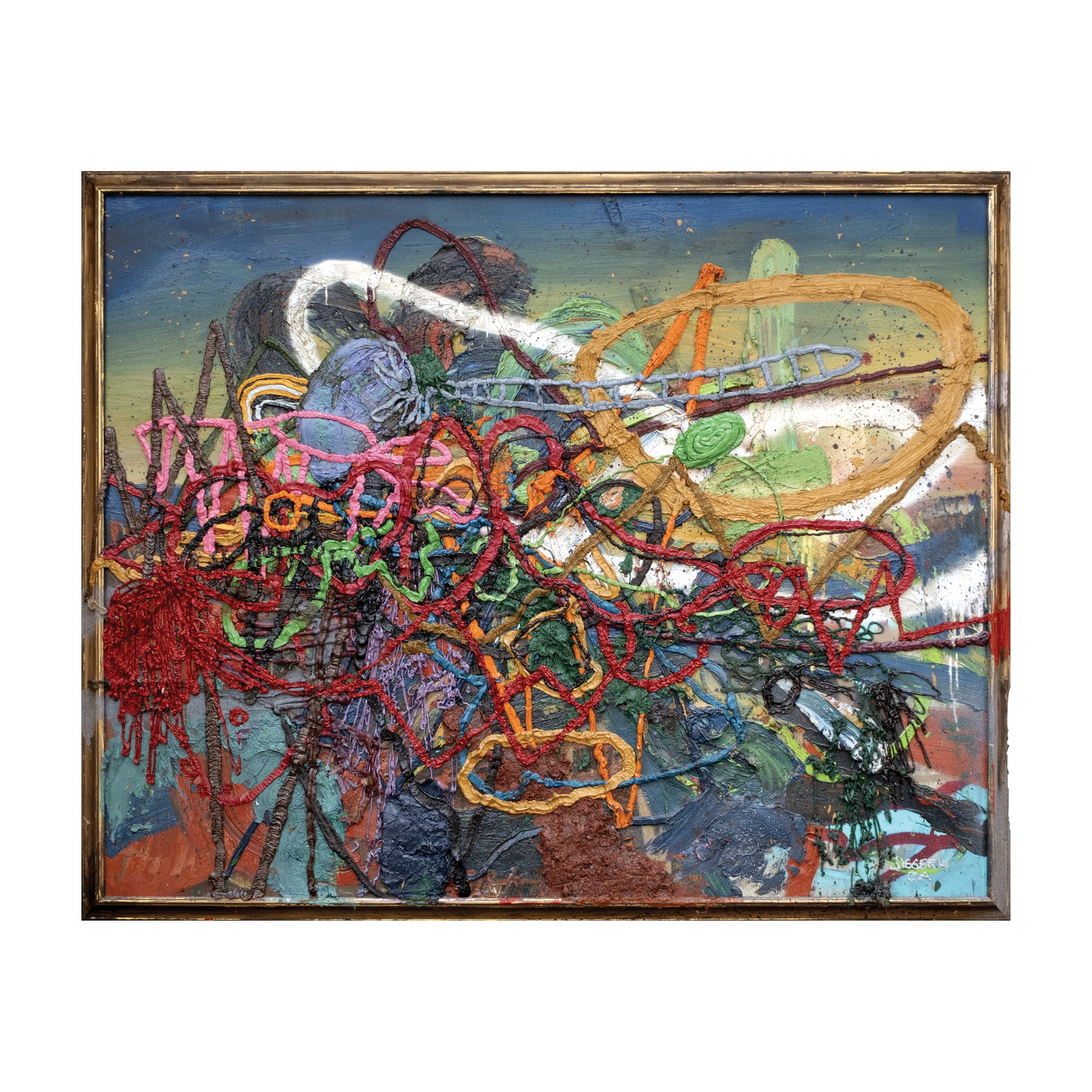 Jigger Cruz (b. 1984): Untitled signed and dated 2014 (lower right) mixed media 51" x 63 1/4" (130 cm x 161 cm) PROVENANCE Private collection, Manila Aprime example of his signature approach of chaotic abstra