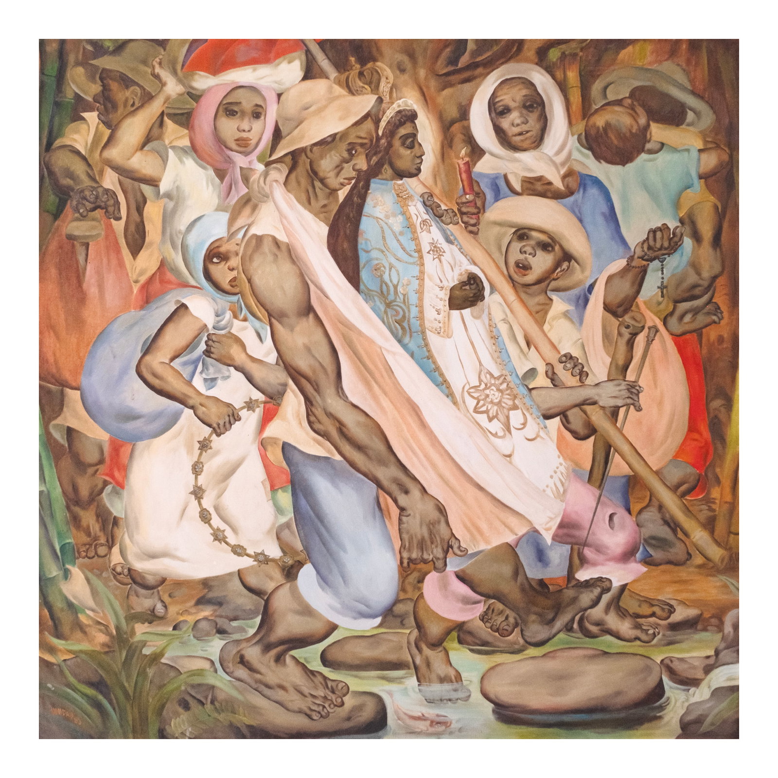 Manuel Unidad (1948 - 2026): Escape of Virgin of Antipolo signed and dated 1983 (lower left) oil on canvas 48" x 48" (122 cm x 122 cm) In 1944, the town of Antipolo was on the verge of history. The Second World War was in 