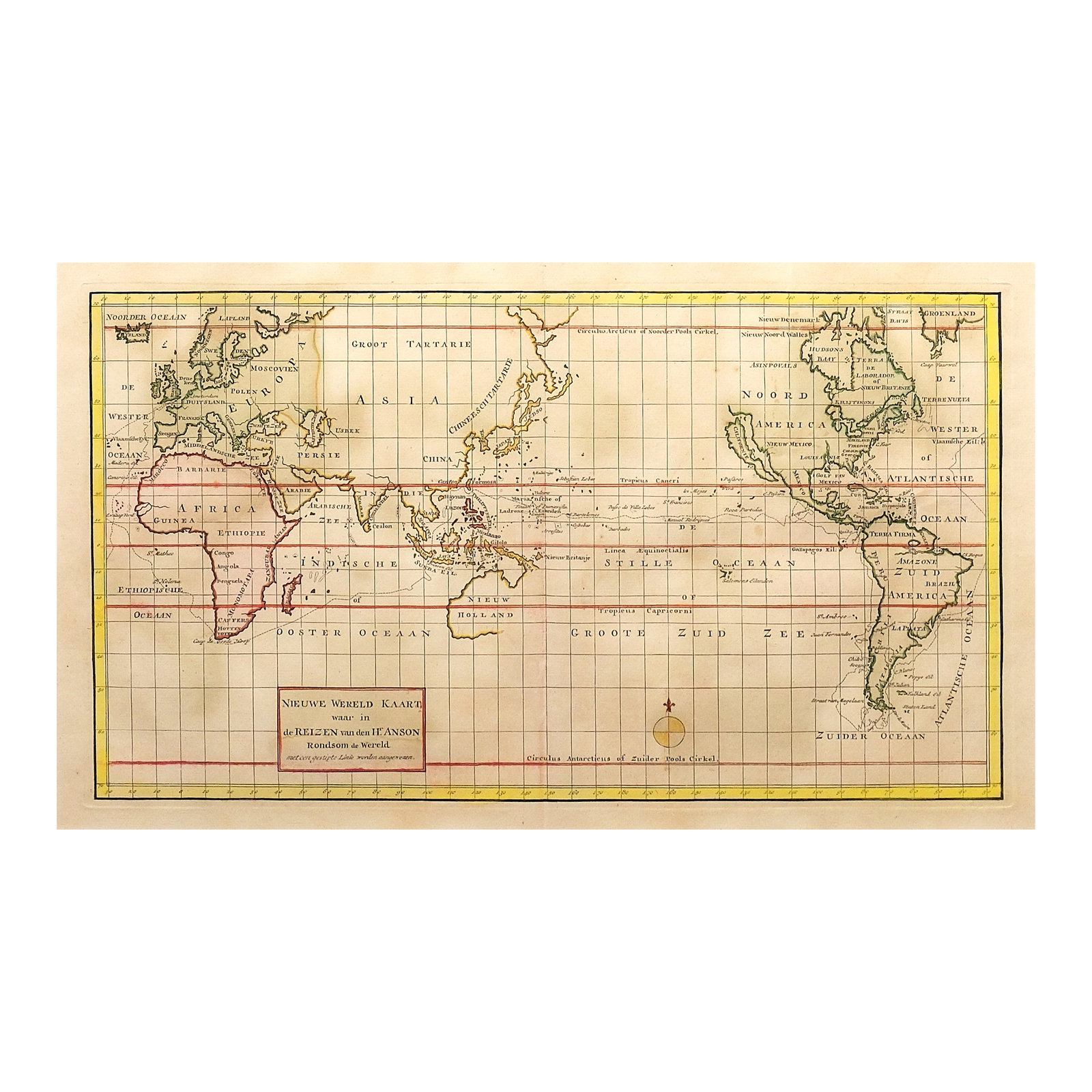 Nieuwe Wereld Kaart waar in de Reizen van den H. Anson Rondsom de Wereld (1 of 1)