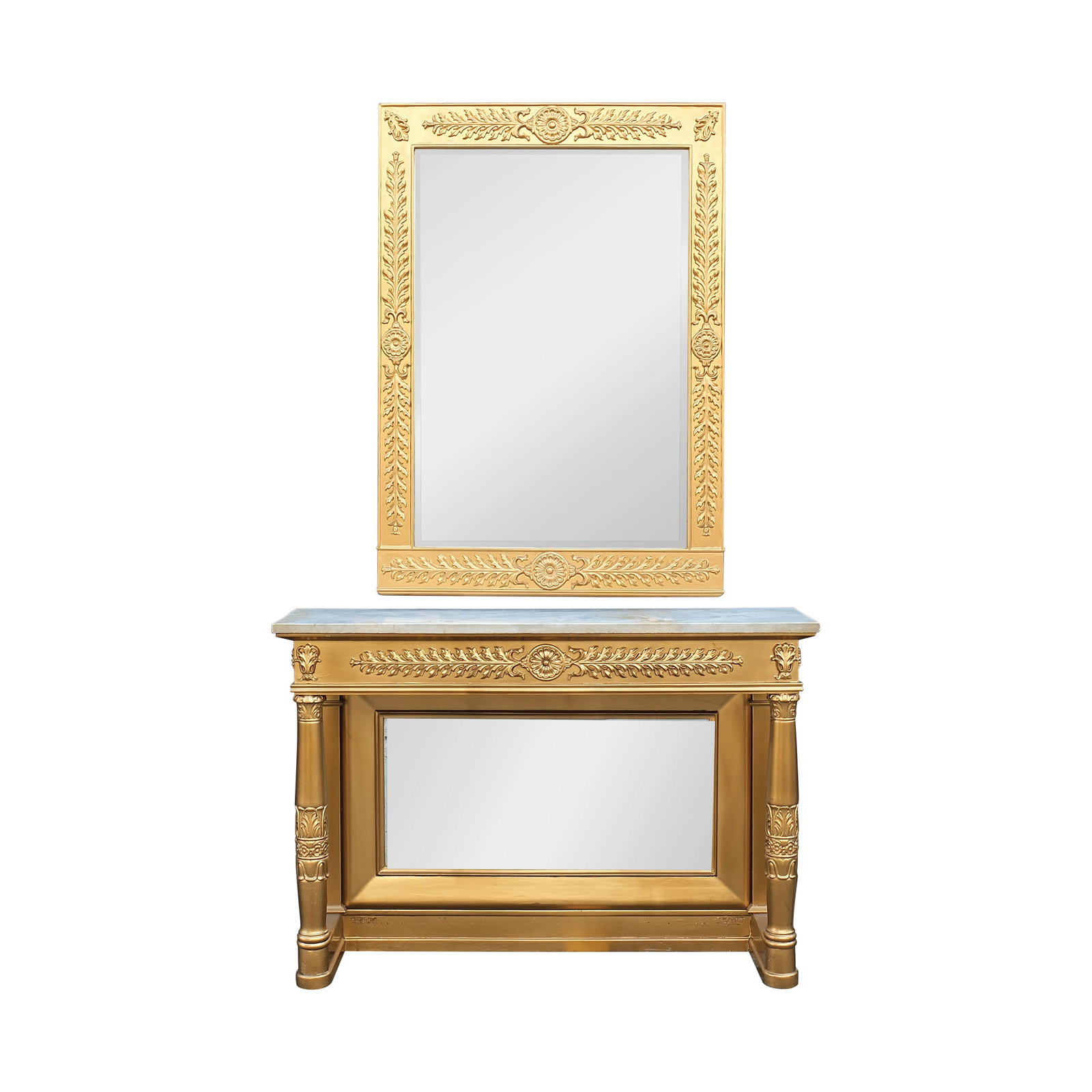 A Marble Top Console Table with Matching Wall Hung Mirror: PROPERTY FROM THE PEÑA - OLONDRIZ COLLECTION gilt wood table: H: 36” (91 cm) L: 52” (132 cm) W: 14” (36 cm) mirror: H: 49” (124 cm) L: 35” (89 cm)