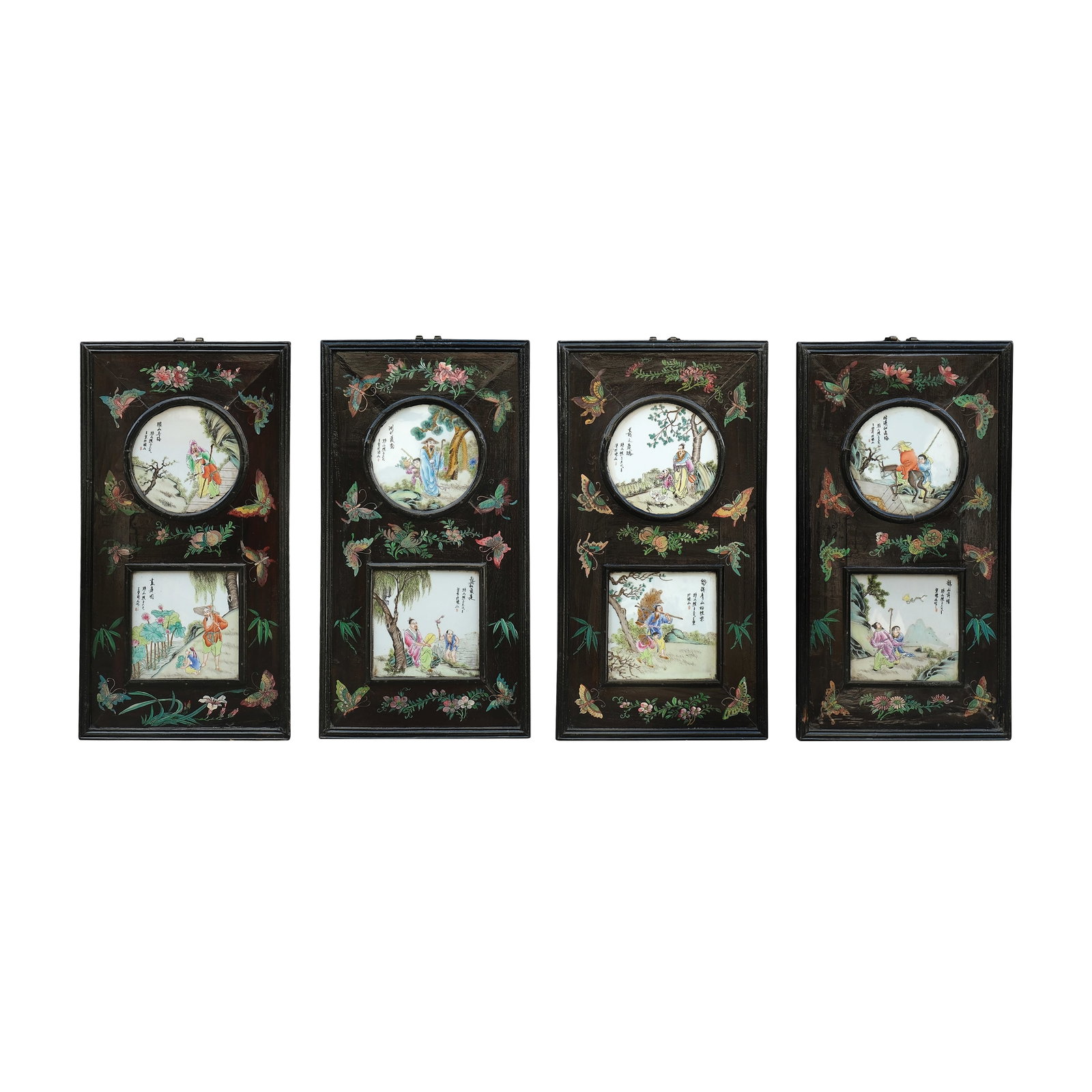 A Set of Four Wall Hung Oriental Panels: PROPERTY FROM THE PEÑA - OLONDRIZ COLLECTION H: 32” (81 cm) each L: 17”(43 cm) each W: 1”(3 cm) each