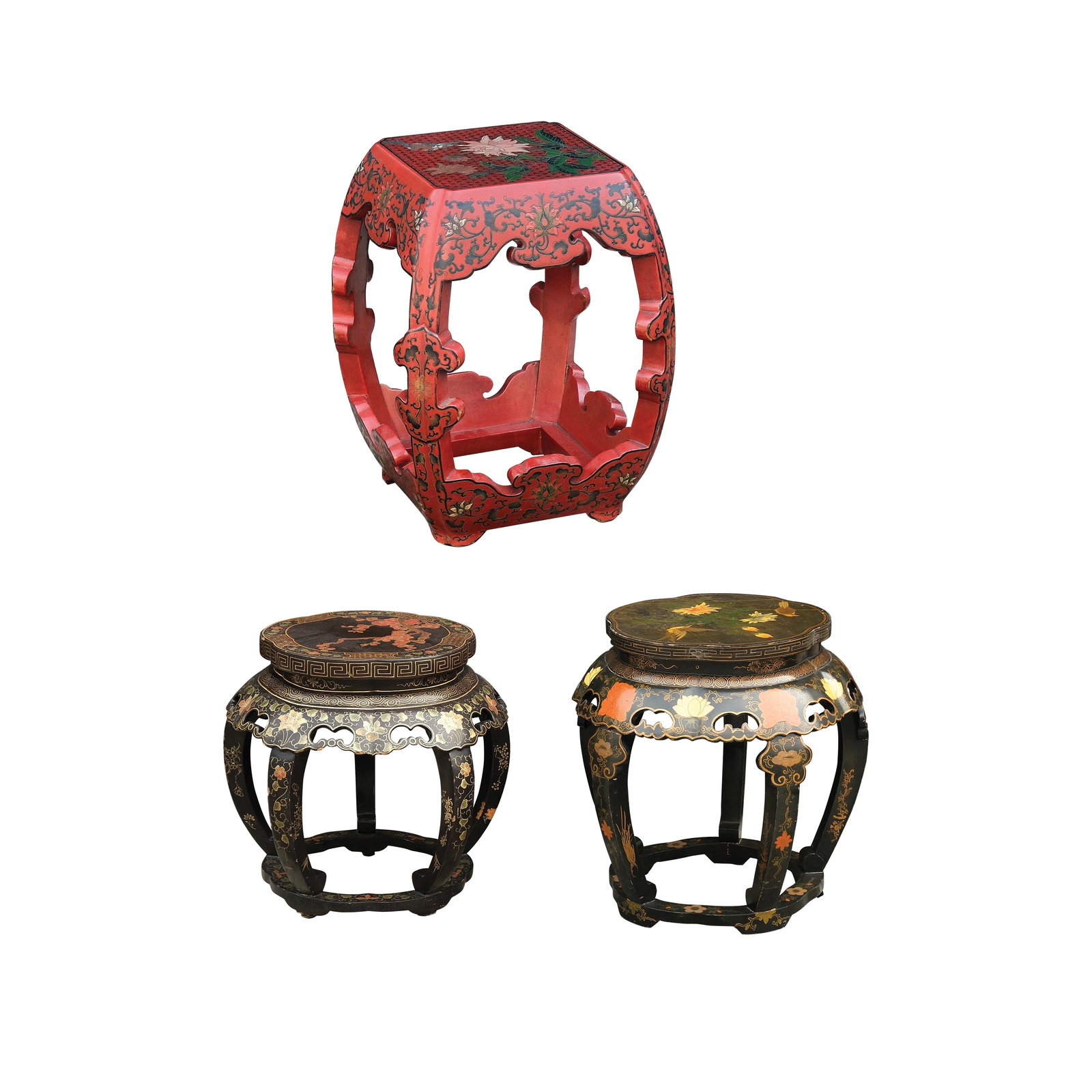 Three Oriental Stools: PROPERTY FROM THE PEÑA - OLONDRIZ COLLECTION polychromed hardwood a.) H: 16 1/2” (42 cm) D: 18” (46 cm) b.) H: 17 1/2” (44 cm) D: 17 3/4” (45 cm) c.) H: 19” (48 cm