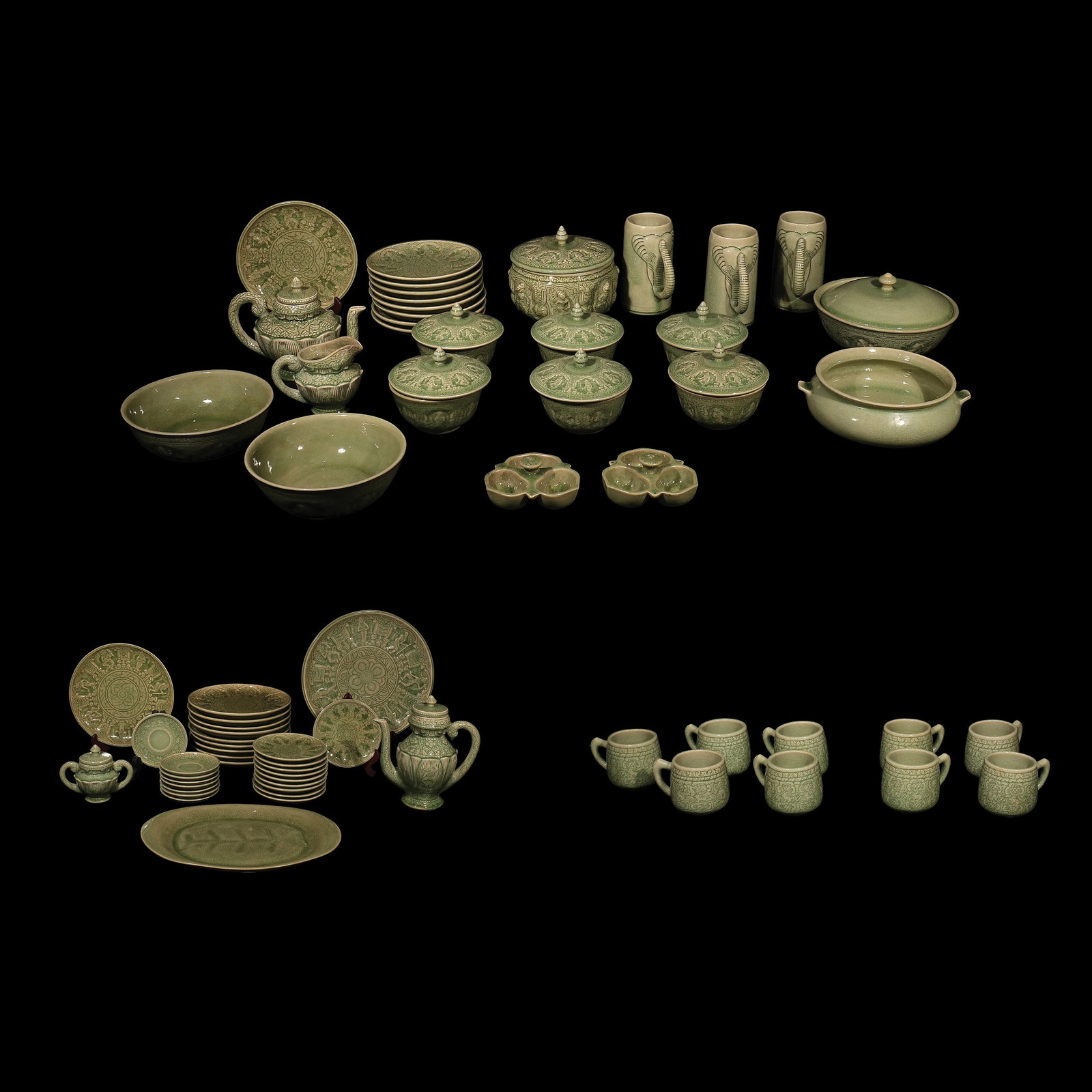 A Fifty-Eight Piece Assortment of Thai Celadon Crockery (1 of 1)