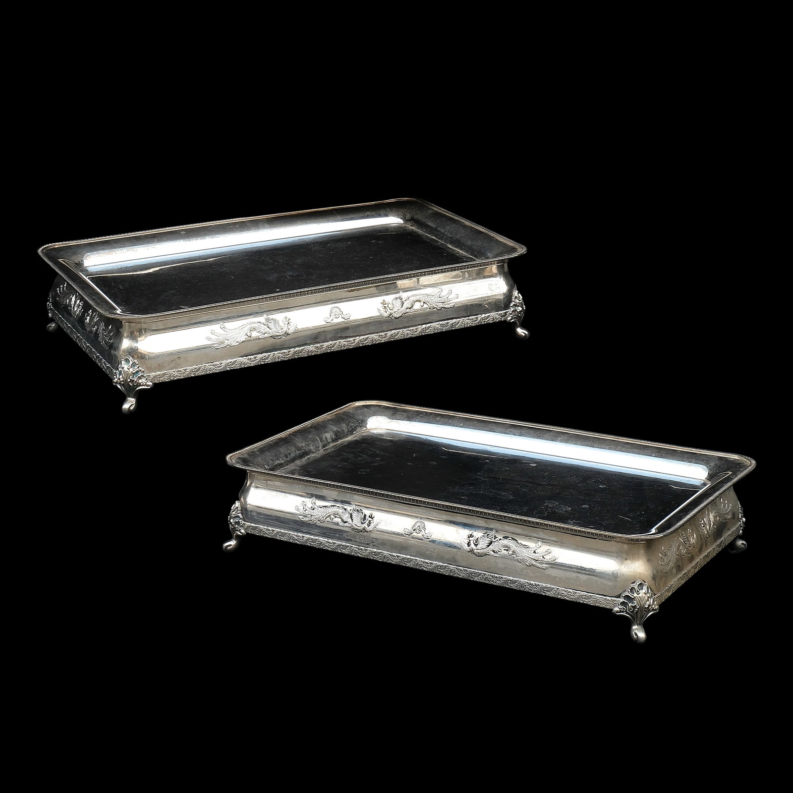A Pair of Serving Trays: H: 8” (20 cm) each L: 38 3/4” (98 cm) each W: 25 1/2” (65 cm) each