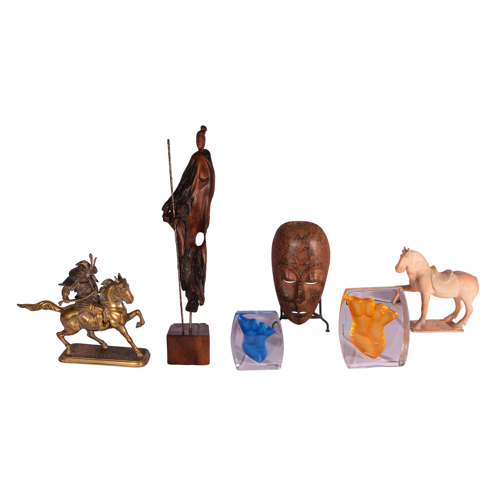 A Group of Six Decorative Items: brass, wood and glass a.) H: 6 3/4” (17 cm) L: 5 3/4” (15 cm) W: 1 3/4” (4 cm) b.) H: 9 1/4” (23 cm) L:7 3/4” (20 cm) W: 2” (5 cm) c.) H: 12 1/2” (32 cm) L: 1