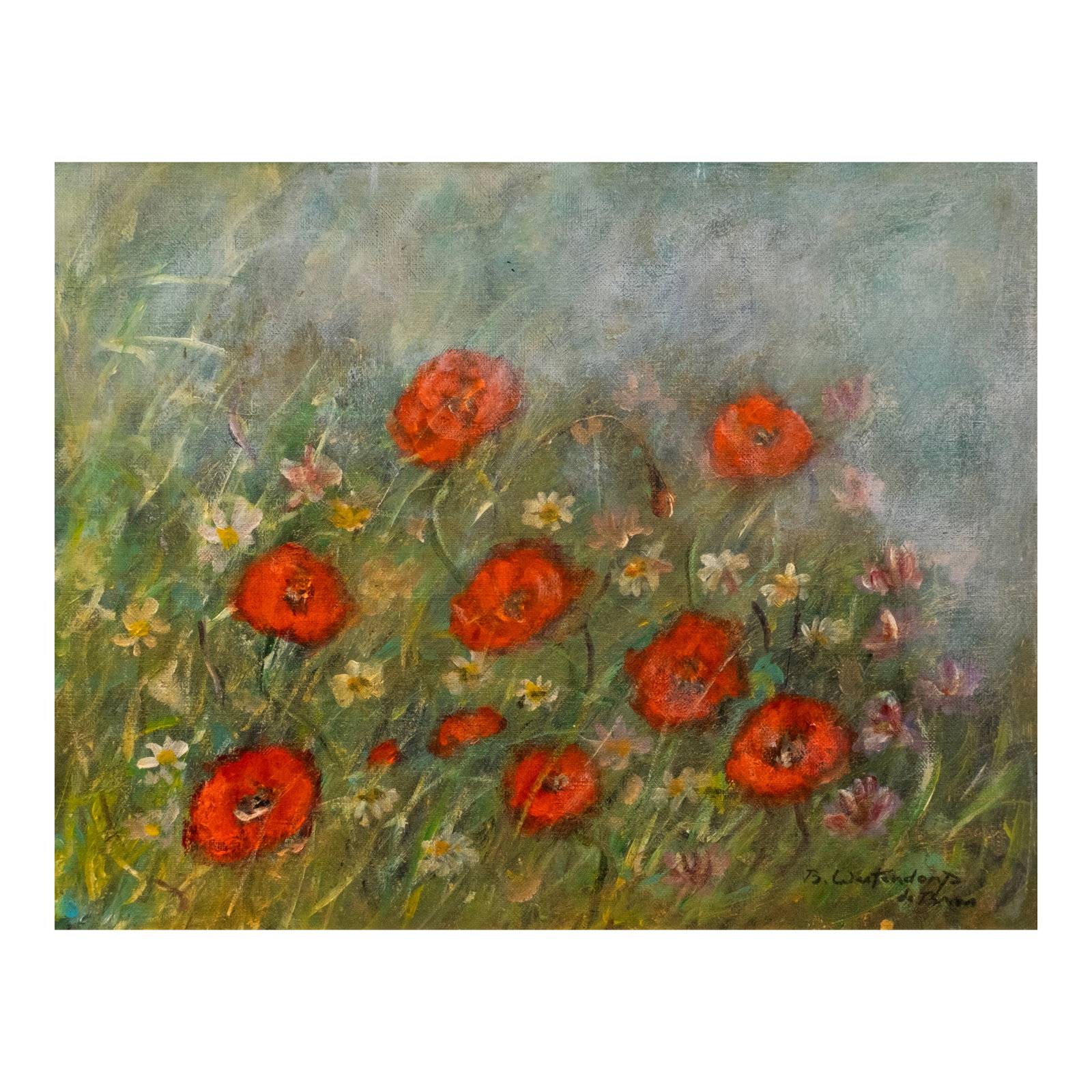 Betsy Westendorp (1927 - 2022): Untitled (Poppies in a Field) signed (lower right) ca.1980 oil on canvas 12 1/2" x 16" (32 cm x 41 cm) Betsy Westendorp presents a beautiful masterpiece that celebrates her ability to transform a simp