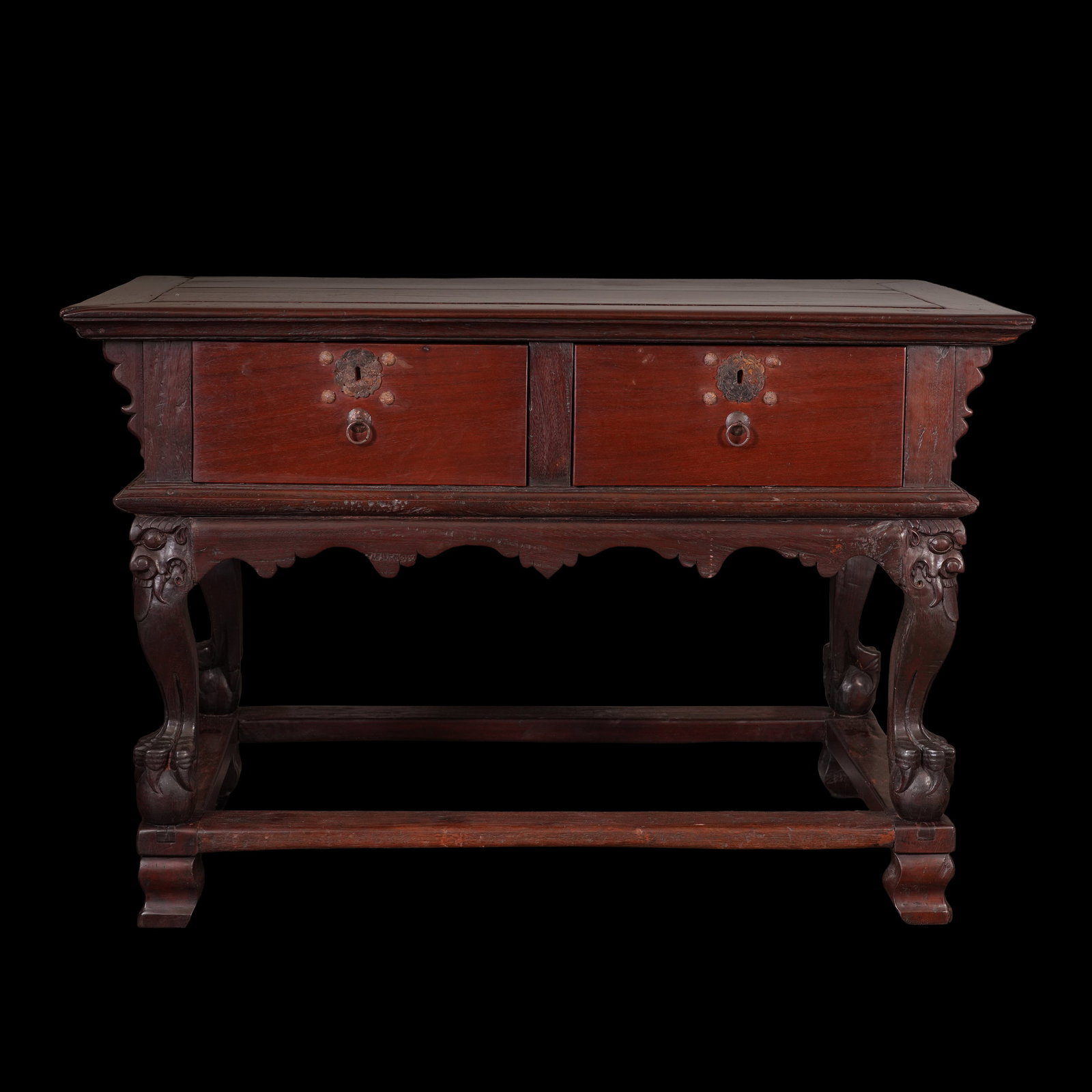 Mesa Altar with Two Drawers: 1600s (17th century) “Balayong” wood (“Dinemonyo,” colloquial: “with demons” meaning with odd faces; these theatrical decorations of human or animal faces were originally featu