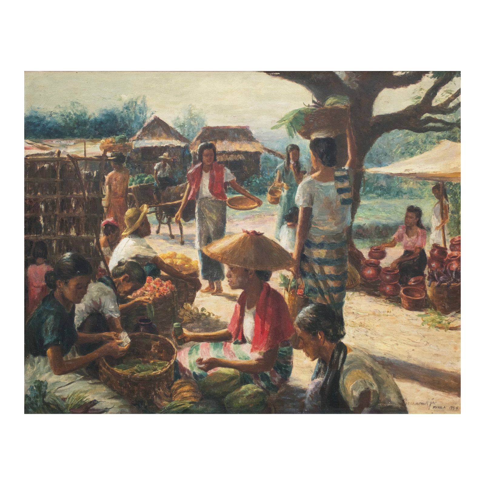 Eduardo Perrenoud Jr. (1913 - 1995): Market Scene signed, dated 1954, and inscribed Manila (lower right) oil on canvas 22” x 28” (56 cm x 71 cm) PROVENANCE Private collection, Manila Eduardo Perrenoud Jr. had the privilege of