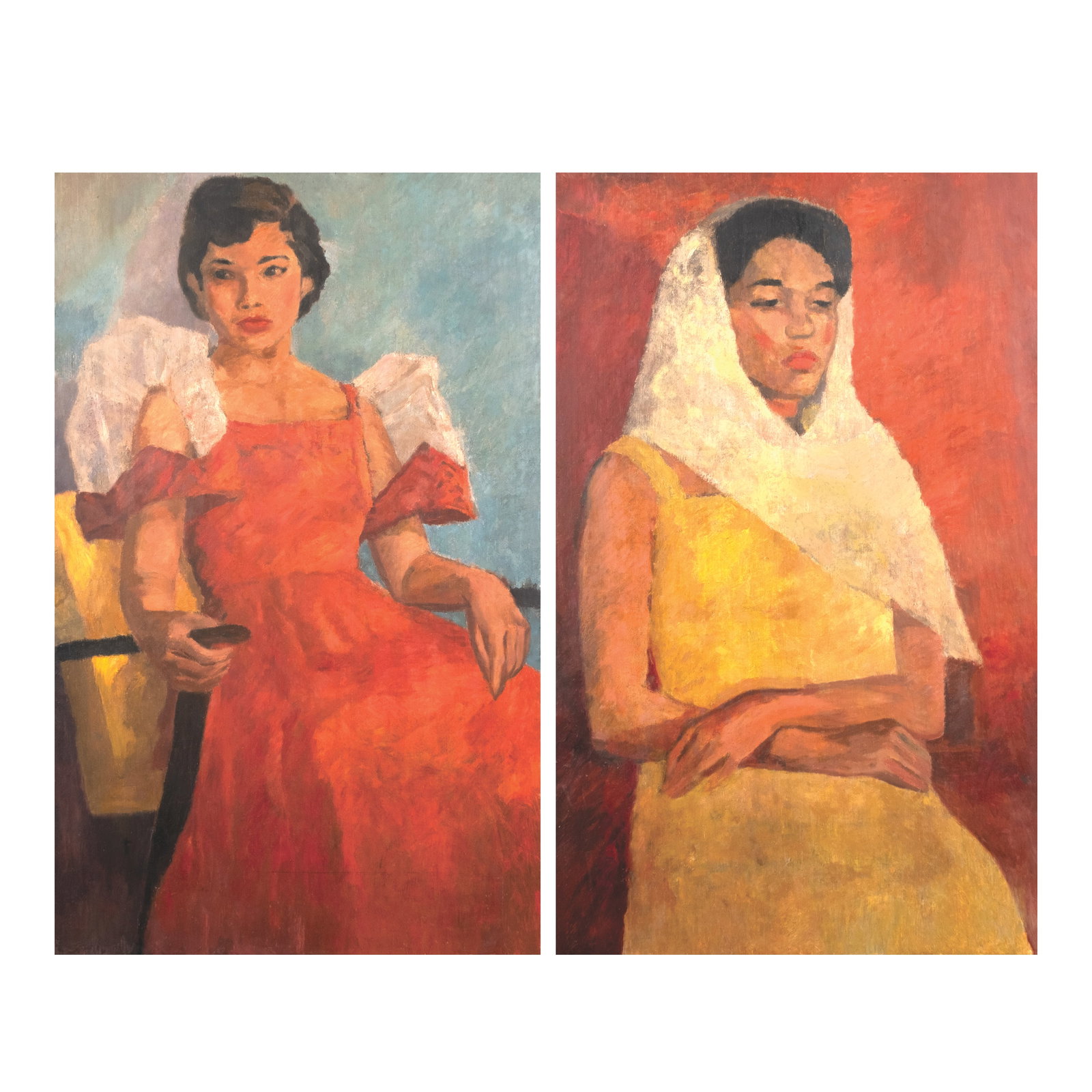 Rosario Bitanga (1934 - 2024): a.) Portrait of a Lady ca. 1950 oil on wood 40 1/2" x 25" (103 cm x 64 cm) b.) Portrait of a Lady ca. 1950 oil on wood 40 1/2" x 25" (103 cm x 64 cm) PROVENANCE Estate of the Artist