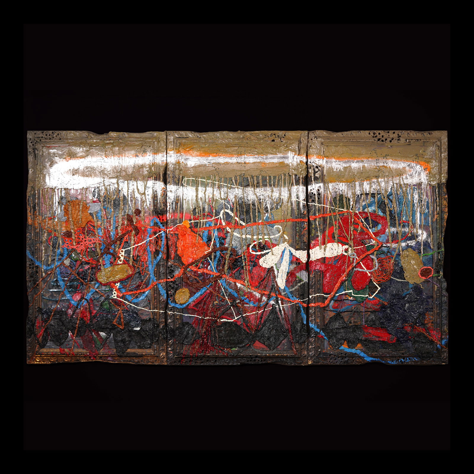 Jigger Cruz (b. 1984): Silent Waltz From the Ancient Atoms of Hell (Triptych) signed and dated 2015 (lower right) oil and spray paint on canvas 60" x 36" (152 cm x 91 cm) each total size: 60" x 108" (152 cm x 274 cm) PROVEN