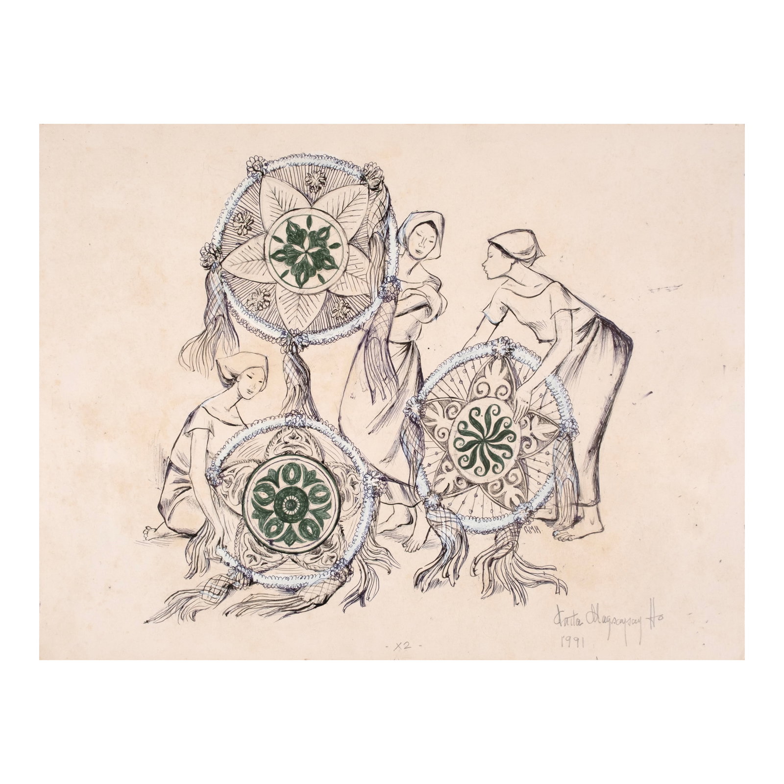 Anita Magsaysay-Ho (1914 - 2012): FOR THE BENEFIT OF MOVED Women with Christmas Parols signed and dated 1991 (lower right) pen and ink on paper 9 1/2 " x 12 1/2" (24 cm x 32 cm) Accompanied by a certificate issued by Doris Magsaysay-H
