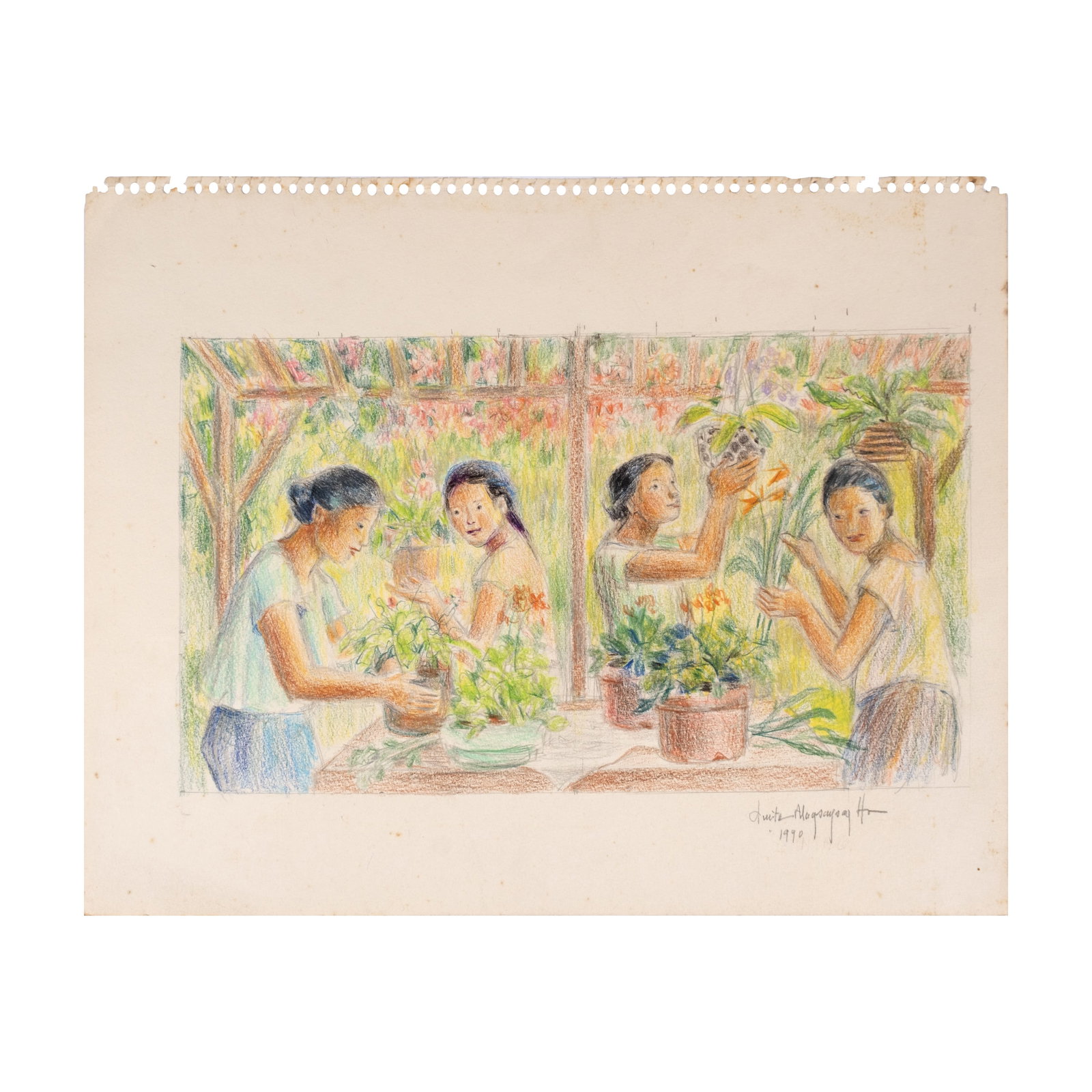 Anita Magsaysay-Ho (1914 - 2012): FOR THE BENEFIT OF MOVED Women with Flowers signed and dated 1990 (lower right) crayon on paper 11" x 13 3/4" (28 cm x 35 cm) Accompanied by a certificate issued by Doris Magsaysay-Ho confirming the a