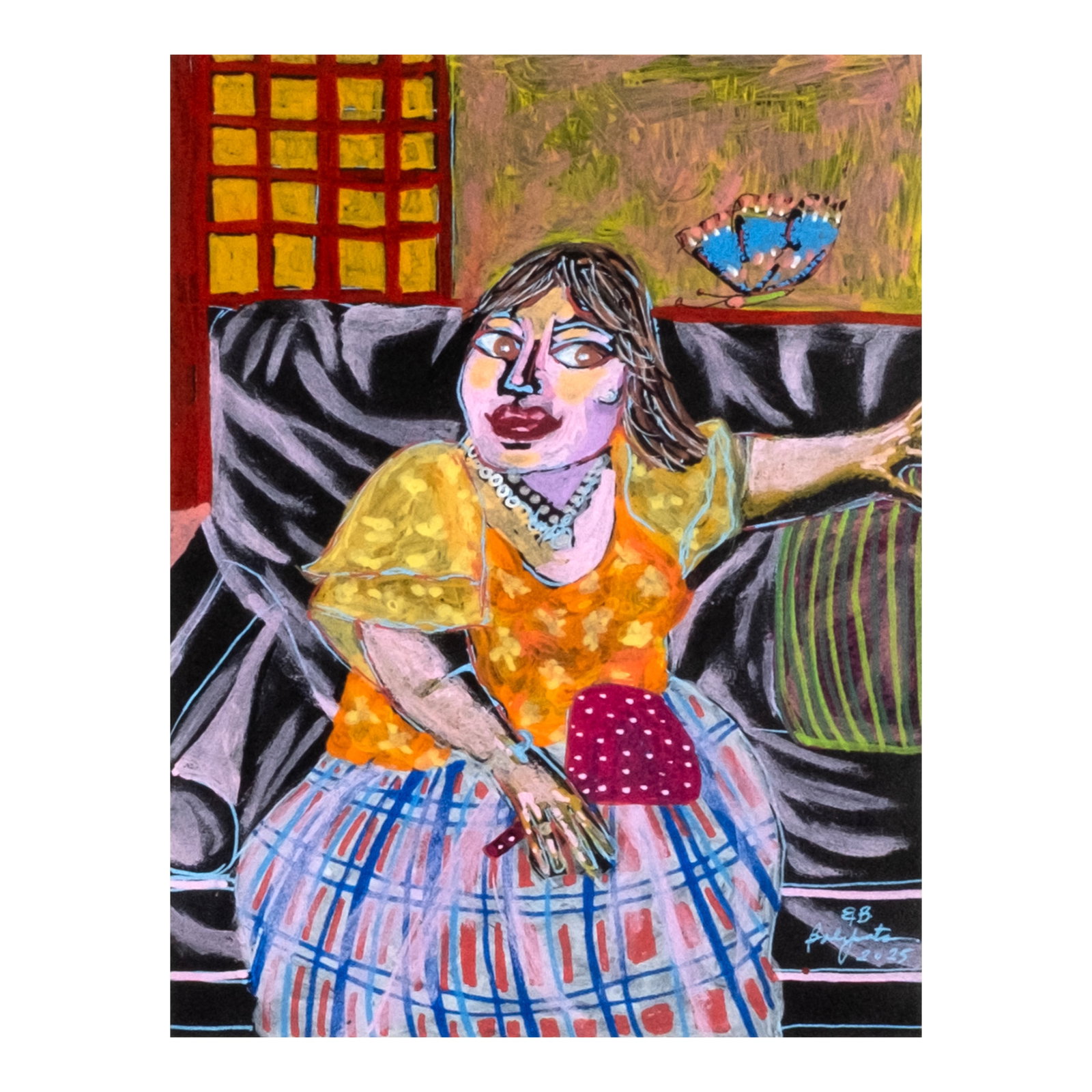 Plet Bolipata (b. 1962): FOR THE BENEFIT OF MOVED Madame and the Butterfly signed and dated 2025 (lower right) posca on black paper 9" x 7 1/2" (23 cm x 19 cm) *Donated by the artist for MovEd Known for combining figuration