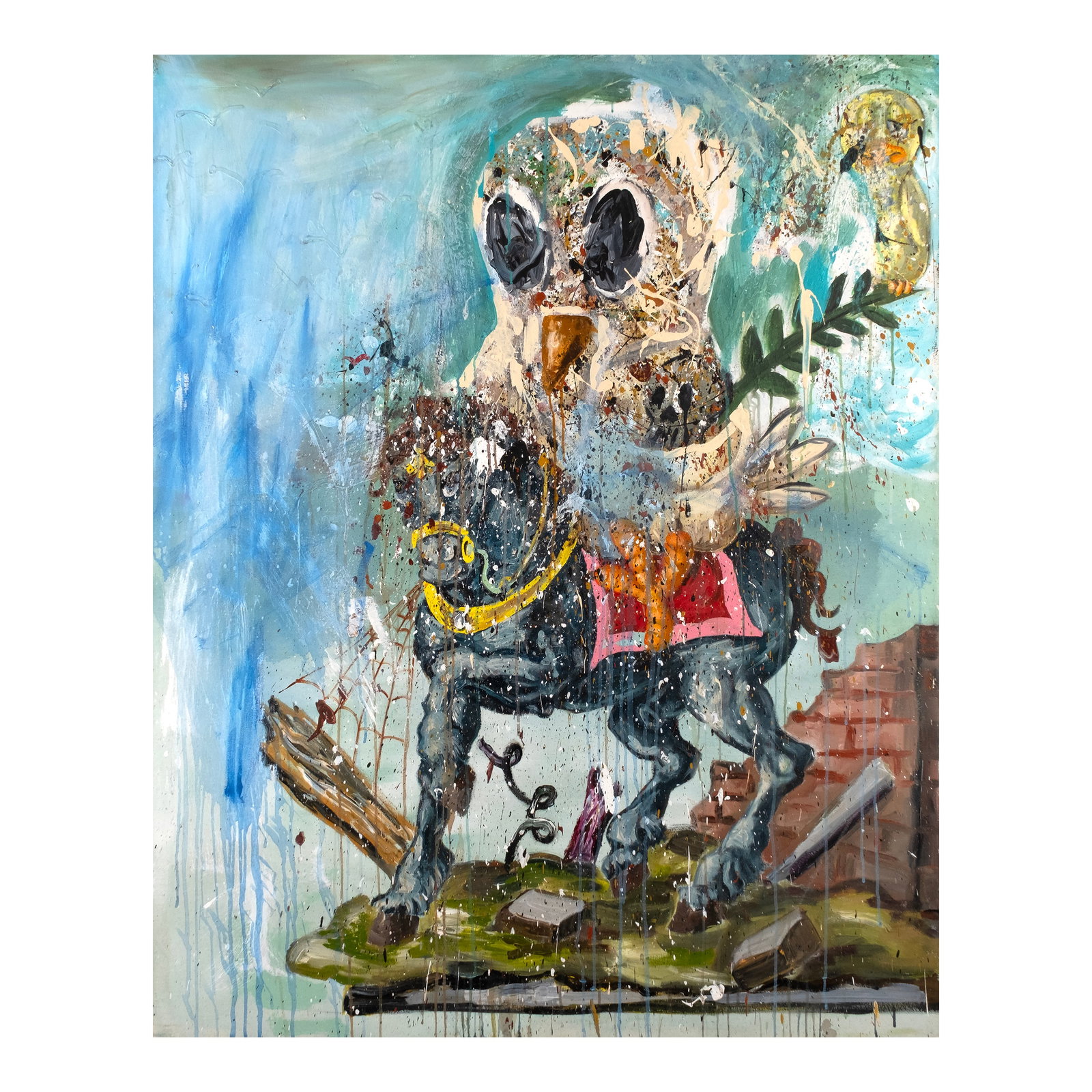 Manuel Ocampo (b. 1965): Peace Dove Monument signed and dated 2003 (verso) oil on canvas 60" x 48" (152 cm x 122 cm) PROVENANCE Private collection, London There is a dichotomy in how the works of Manuel Ocampo are viewed.