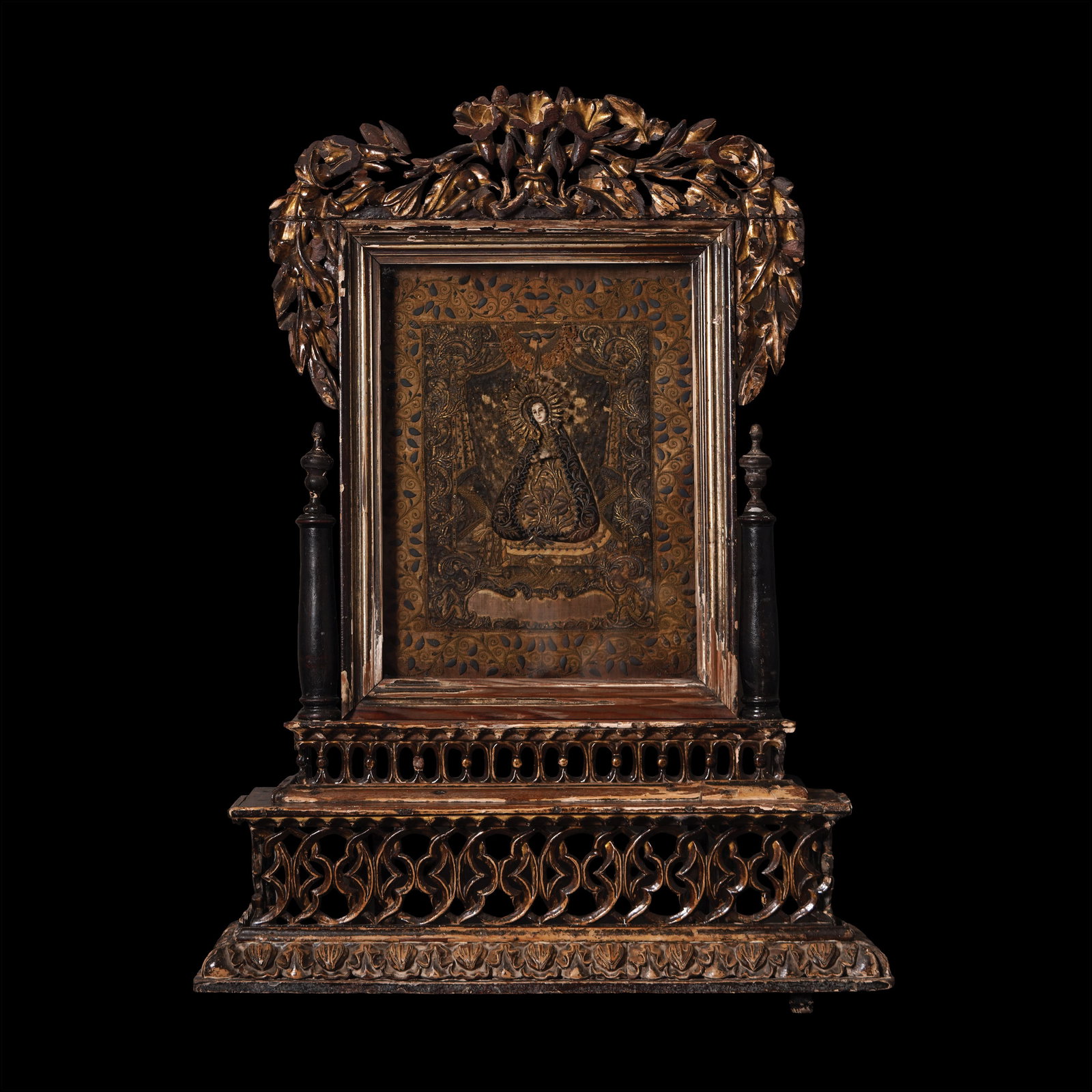 Nuestra Señora de la Soledad de Porta Vaga: Third quarter of the nineteenth century (1850–1875) Estampa Ivory, silk velvet, silvergilt threads “Baticuling” wood (“Litsea leytensis”) Cavite Puerto, Cavite (now Cavite city, Cavi