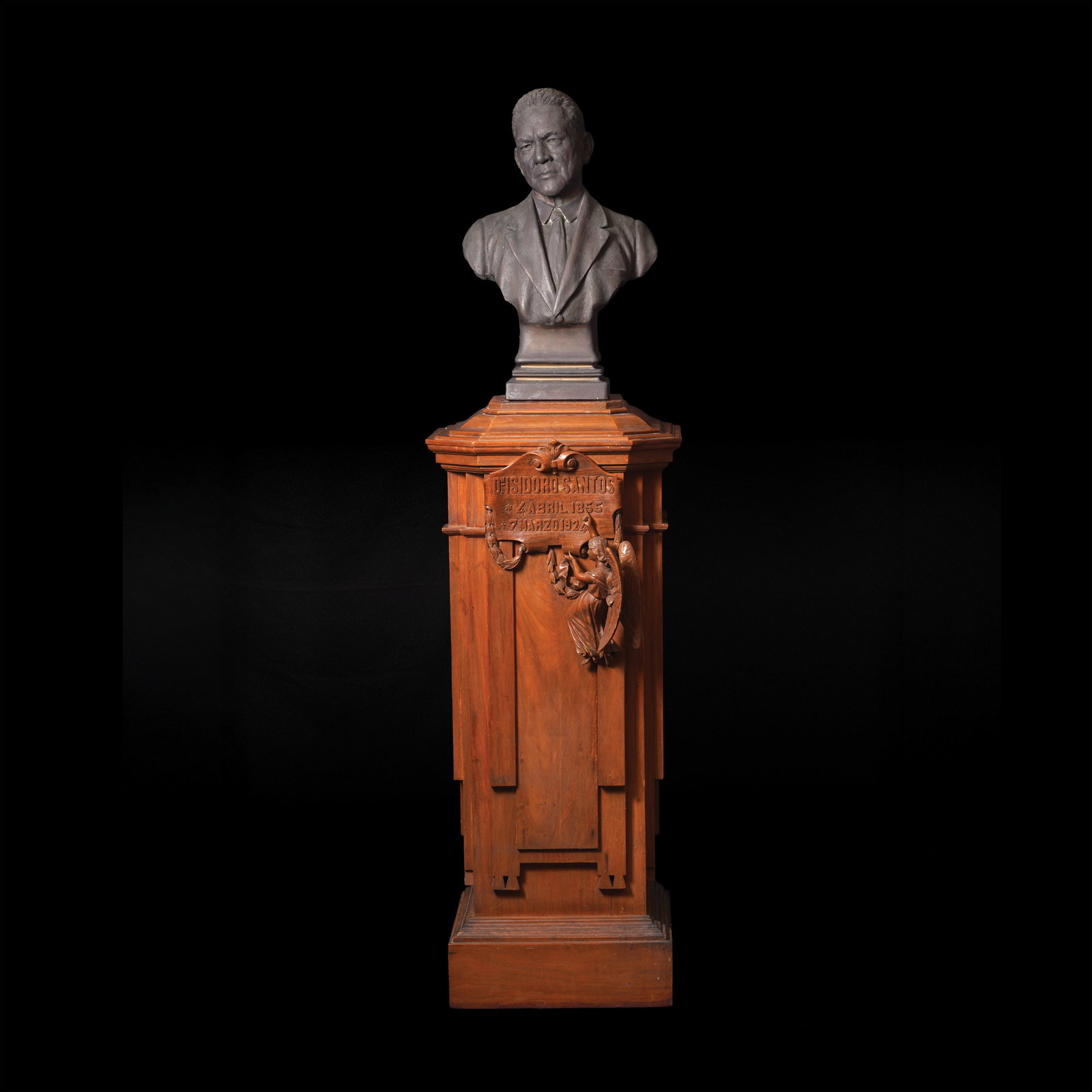 Graciano R. Nepomuceno (1881 - 1974) Angel Tampinco: Bust of Don Isidoro Santos Dated 25 October 1924 on a plaque on the side with the name “G.T. Nepomuceno, Escultor” bronze H: 27 1/2" (70 cm) L: 10" (25 cm) W: 17" (43 cm) Pedestal, by Angel T