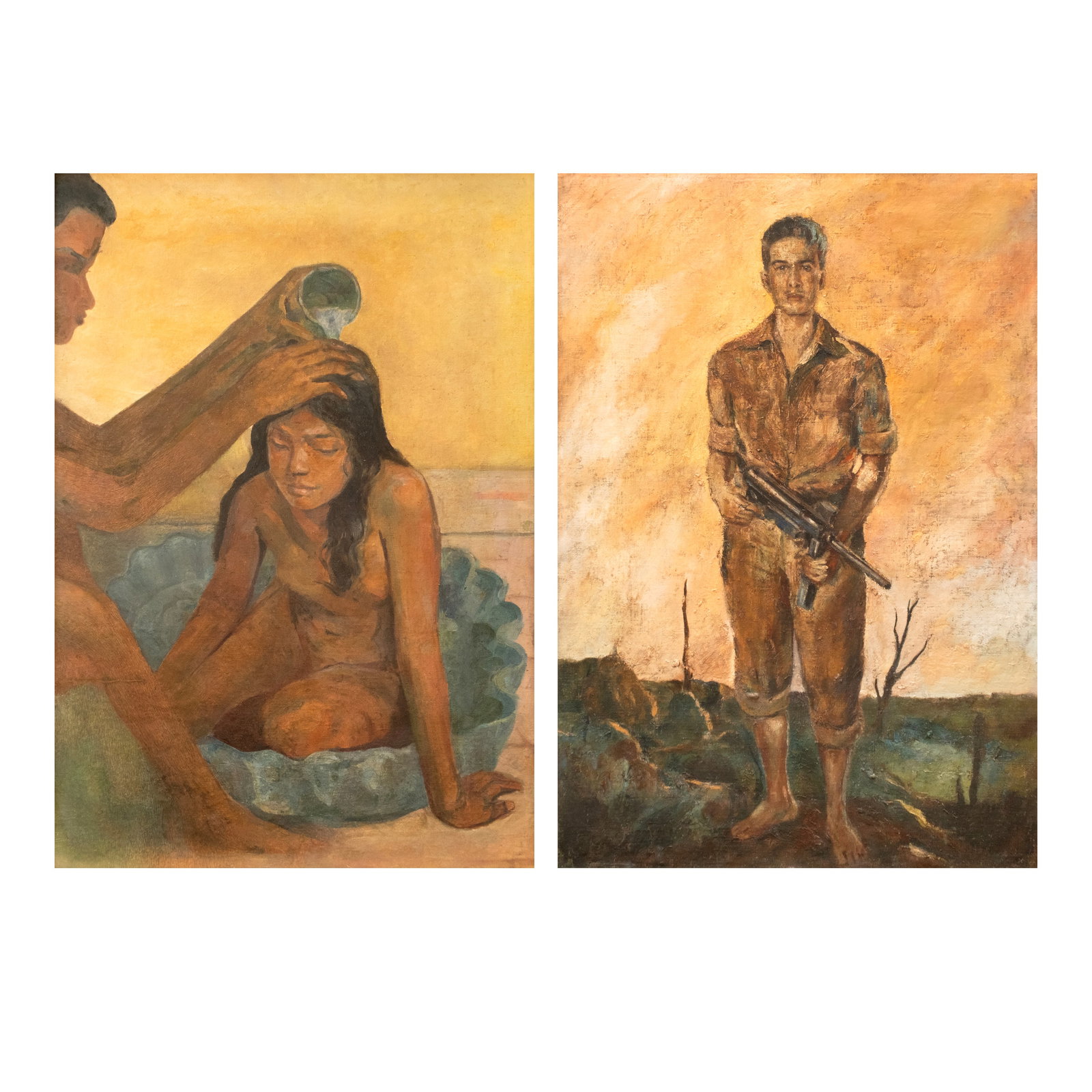 Anita Magsaysay-Ho (1914 - 2012): Young Girl Bathing (front) ca.1943-1944 oil on canvas 33" x 23" (84 cm x 58 cm) Portrait of Bernardino Ramos Hernandez, Jr. (back) ca. 1944 - 1945 33" x 23" (84 cm x 58 cm) Anita