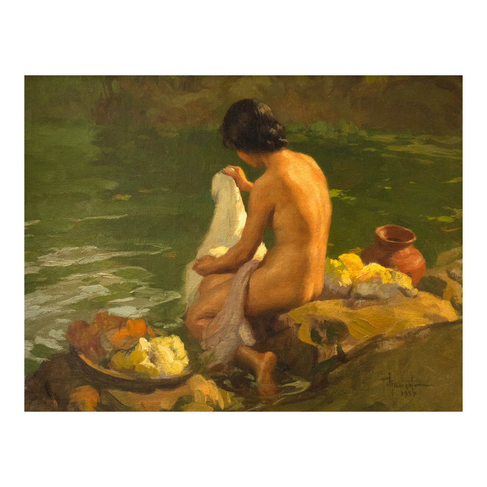 Fernando Amorsolo (1892 - 1972): Lavandera signed and dated 1937 (lower right) oil on canvas 13" x 17" (33 cm x 43 cm) PROVENANCE Private collection, USA Showcasing the brilliance of his pre-war portrayal of rural Fi