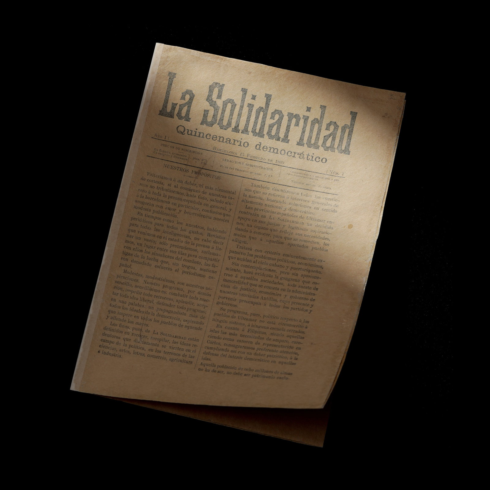 La Solidaridad Quincenario Democrático: PROPERTY FROM A DISTINGUISHED LADY Año I, Num. 1. (Vol. I, No. 1.) 1889, February 15 Barcelona 8 pages 10 3/4” x 7 3/4” (27 cm x 20 cm) This is the birth cry of the Filipino nat