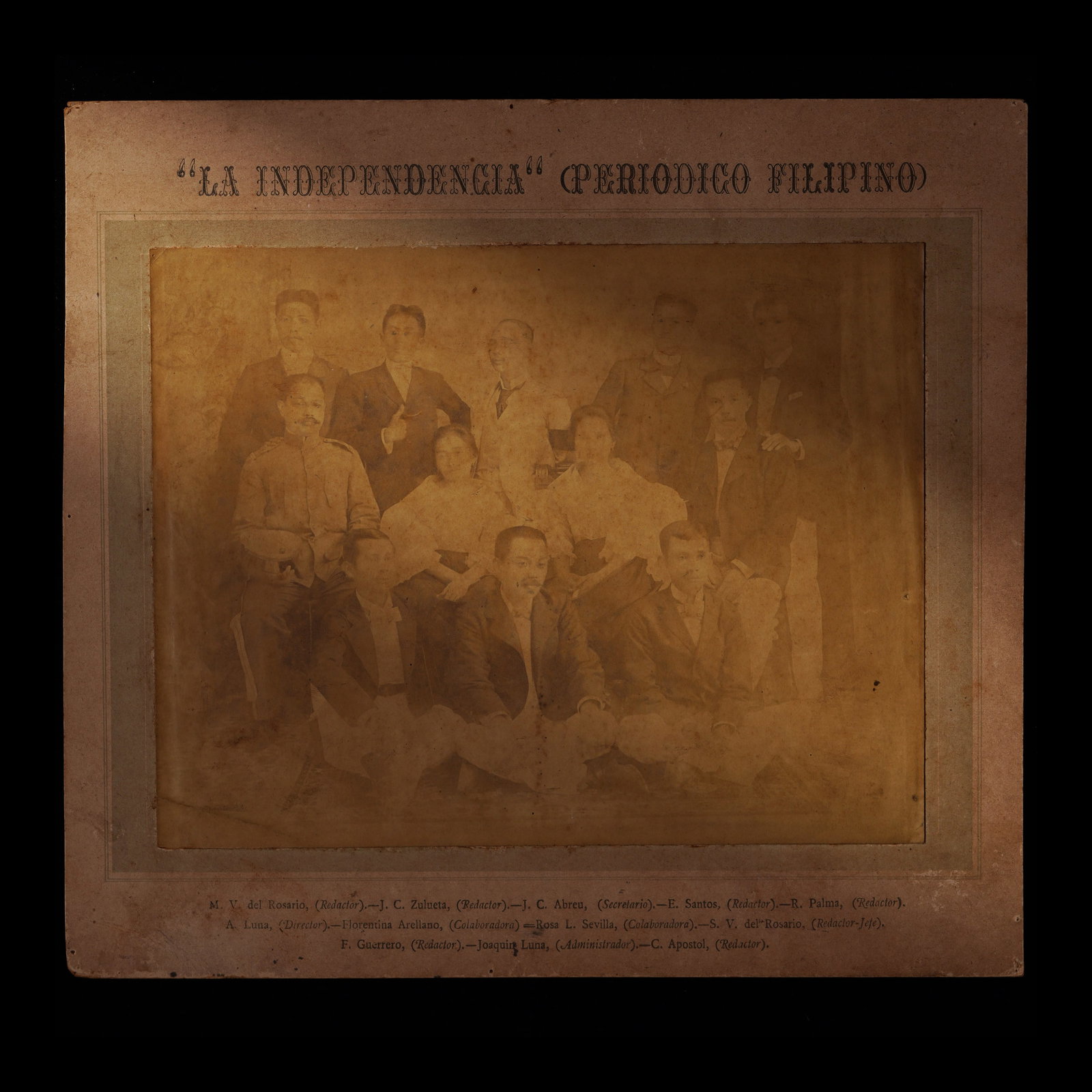 The Historic 1898 La Independencia Photograph Preserved by an Original Staff Member: c. 1898 unknown photographer photograph, albumen print, mounted and framed on board image: 6 3/4” x 8 1/2” (17 cm x 22 cm) with frame: 9 3/4” x 10 3/4” (25 cm x 27 cm) titled �