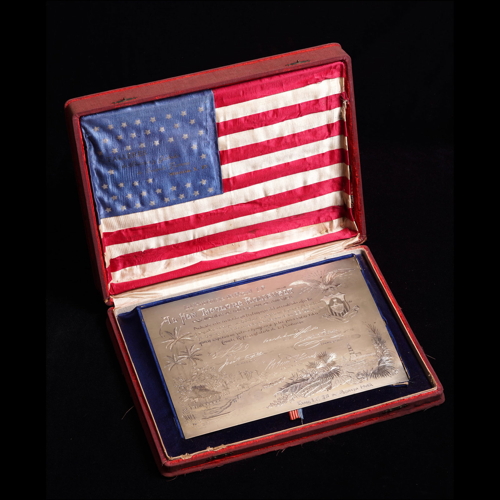 Crispulo Zamora (1871 - 1922): Presentation Plaque to U.S. President Theodore Roosevelt From the Province of Rizal, Philippine Islands solid silver relief dated 28 August 1905, “Pasig I.F.” (for Islas Filipinas) silver plaq