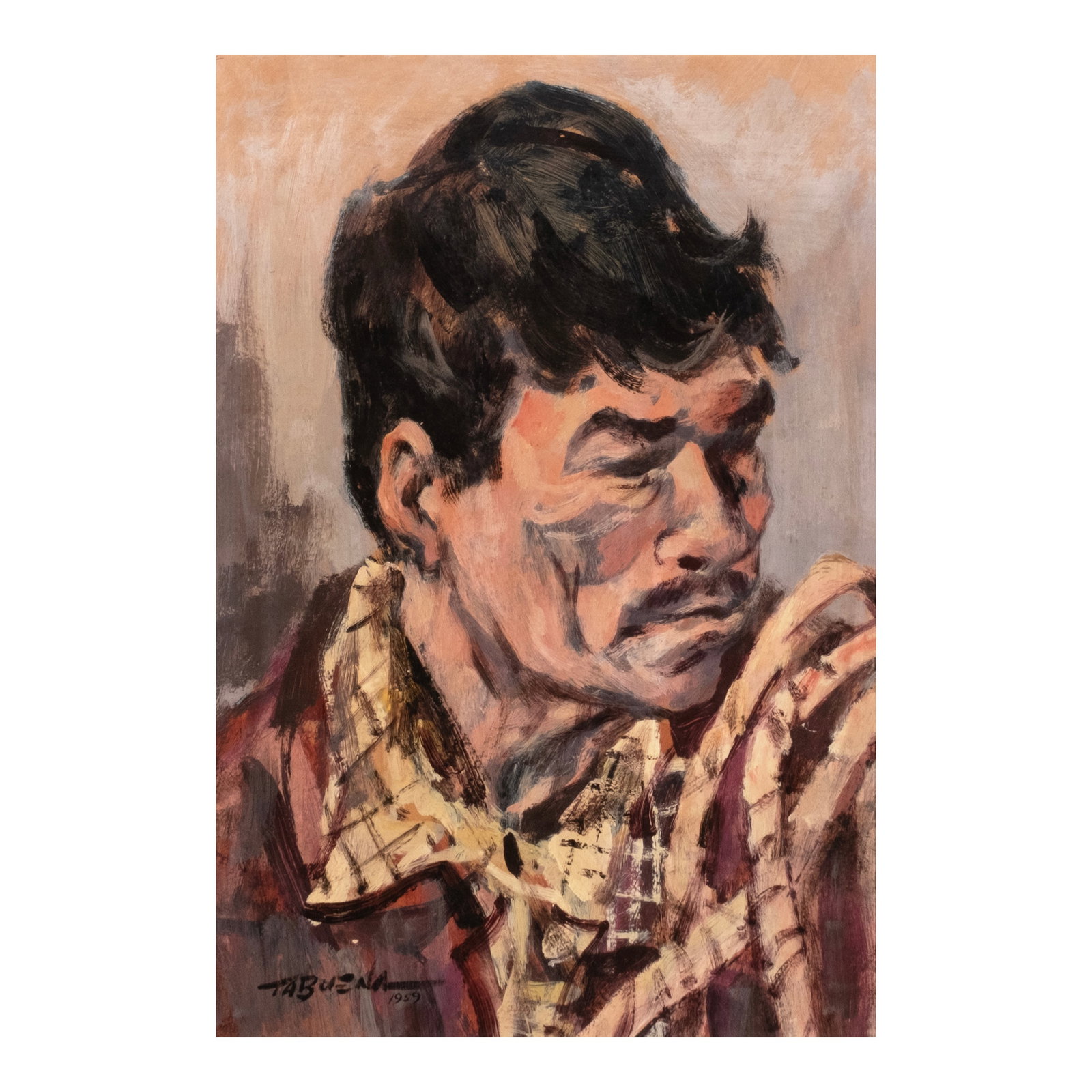Romeo Tabuena (1921- 2015): Untitled signed and dated 1959 (lower left) oil on board 25" x 17" (64 cm x 43 cm) Presenting a masterpiece that highlights his Neorealist and expressionist style, Romeo Tabuena’s featured portrait 