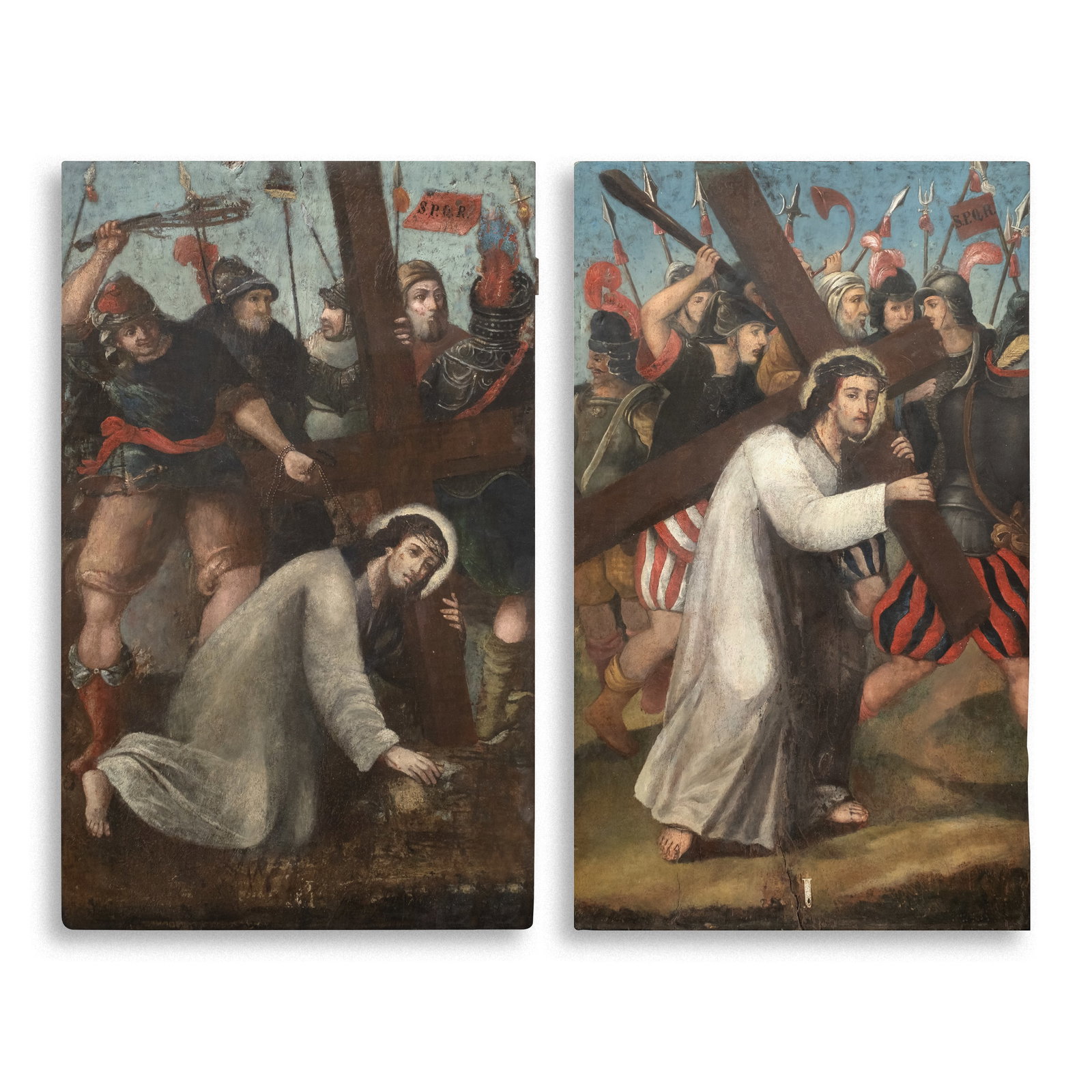 The Don Benito J. Legarda Via Crucis: PROPERTY FROM THE D ON BENITO J. LEGARD A JR. COLLECTI ON a.) Christ Falls for the First Time (Via Crucis III) 19th century oil on wood 52 1/4" x 32 1/4" (133 cm x 82 cm) b.) Christ Receives or Carrie