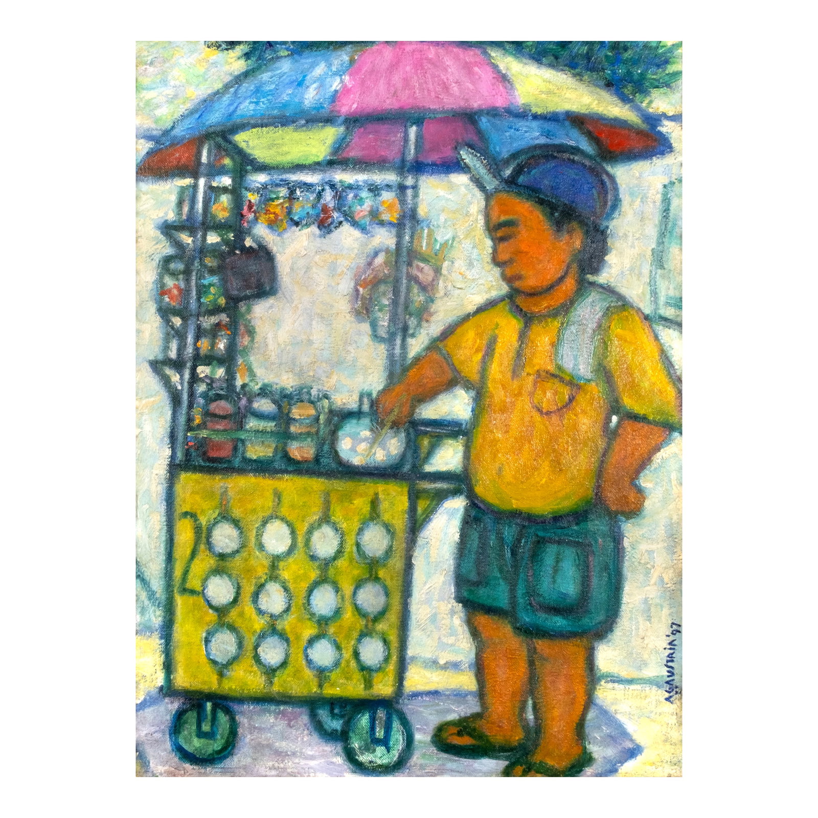 Antonio Austria (b. 1936): Pisbol signed and dated 1997 (lower right and verso) oil on canvas mounted on marine plywood 17" x 12 1/2" (43 cm x 32 cm) PROVENANCE Private collection, Manila Antonio Austria’s 1997