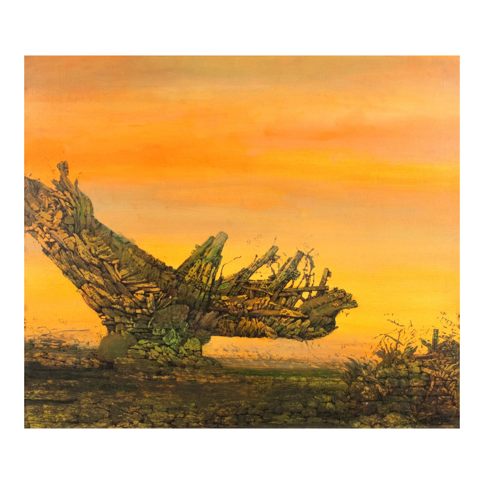 Juvenal Sans? (1929 - 2025): Twilight Anchorage signed (lower right) ca. 1960s acrylic on canvas 24" x 28" (61 cm x 71 cm) Accompanied by a certificate issued by Fundacion Sansó confirming the authenticity of this lot