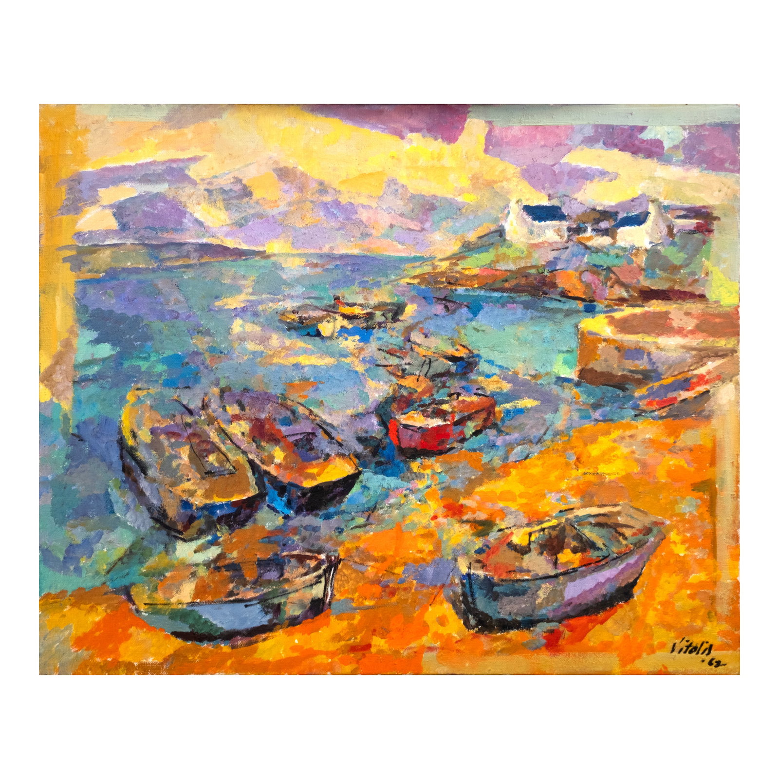 Macario Vitalis (1898 - 1990): Imbarcazione all’approdo signed and dated 1962 (lower right and verso) oil on canvas 21" x 25 1/2" (53 cm x 65 cm) León Gallery wishes to thank Comité Vitalis for confirming the authenticity of th