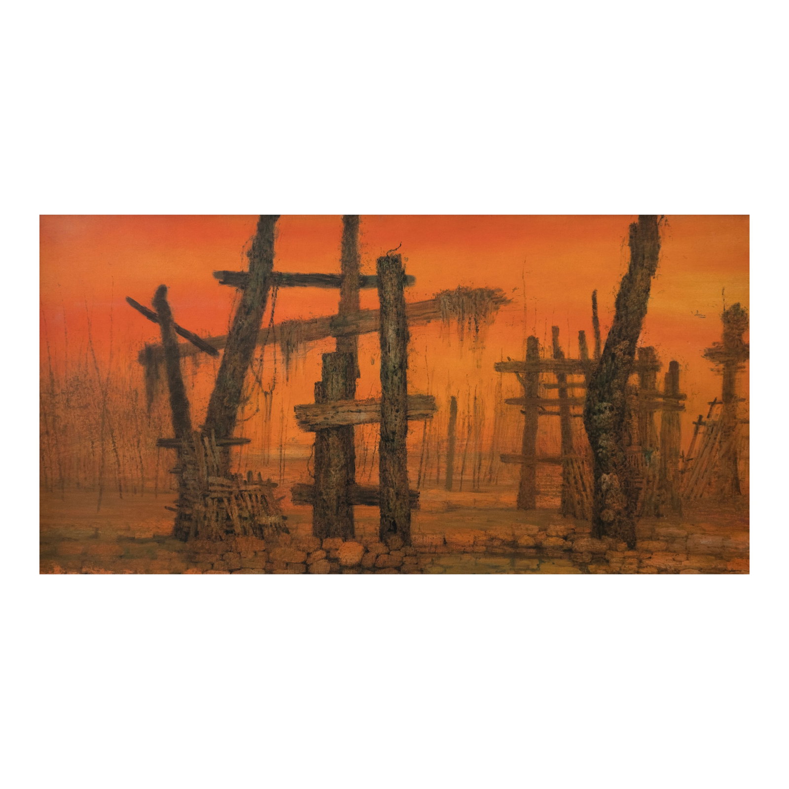 Juvenal Sansó (1929 - 2025): PROPERTY FROM A DISTINGUISHED COLLECTION Poetic Vestiges signed (lower right) ca. 1960s acrylic on canvas 20” x 39 1/2” (51 cm x 100 cm) Accompanied by a certificate issued by F