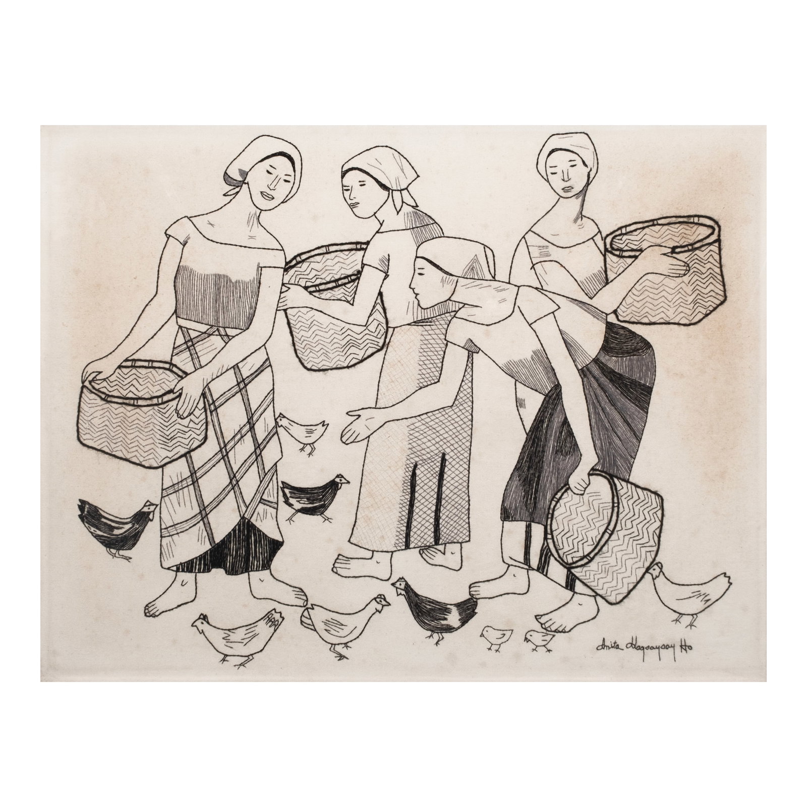 Anita Magsaysay-Ho (1914 - 2012): PROPERTY FROM A DISTINGUISHED COLLECTION Four Women signed (lower right) embroidery on canvas 23" x 30" (58 cm x 76 cm) PROVENANCE Private collection, Manila Ani