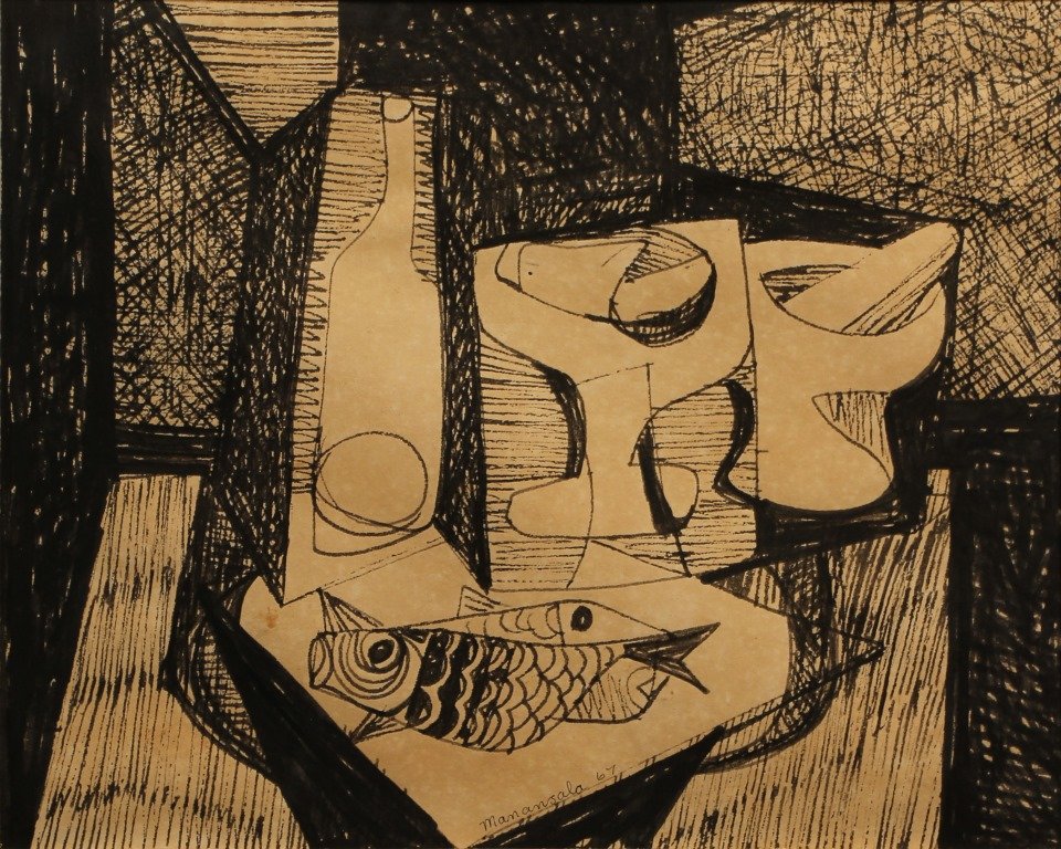 Vicente Manansala 1910 - 1981: Still-Life 1967 Pen and ink Signed and dated (bottom) 7 1/2" x 9 1/2" (19.05cm x 24.13cm) Ms. Sylvia Fernandez - Lacson "Hapag" 1967 Pen and ink Signed and dated upper right 10" x 4 3/4" (25.4cm x 12.