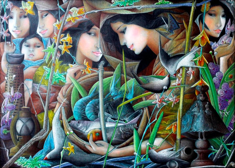 Tam Austria (1943): Market Vendors signed and dated 1979 (right) oil on canvas 25” x 35” (64 cm x 89 cm) There has always been a trend in folk genre among regional artists inspired by the example of Carlos Francisco.