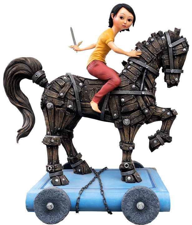 Joy Mallari (1966): Scribe dated 2013 cast resin, black iron, acrylic paint H:34 1/2” x L:32 1/2” x W:18 1/4” (88 cm x 83 cm 46 cm) Transposed from a figural representation in painting, this sculpture of a young gi