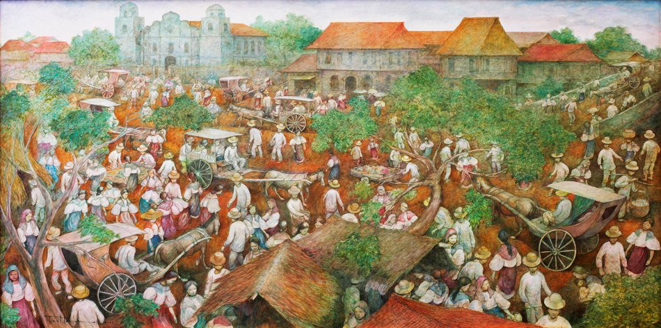 Tony Mahilum (1948): The Old Hometown signed and dated 2003 (lower left) oil on canvas 48” x 96” (122 cm x 244 cm) Literature: Duldulao, Manuel D., Art Across the Philippines: Selections from the Collection of Carlos