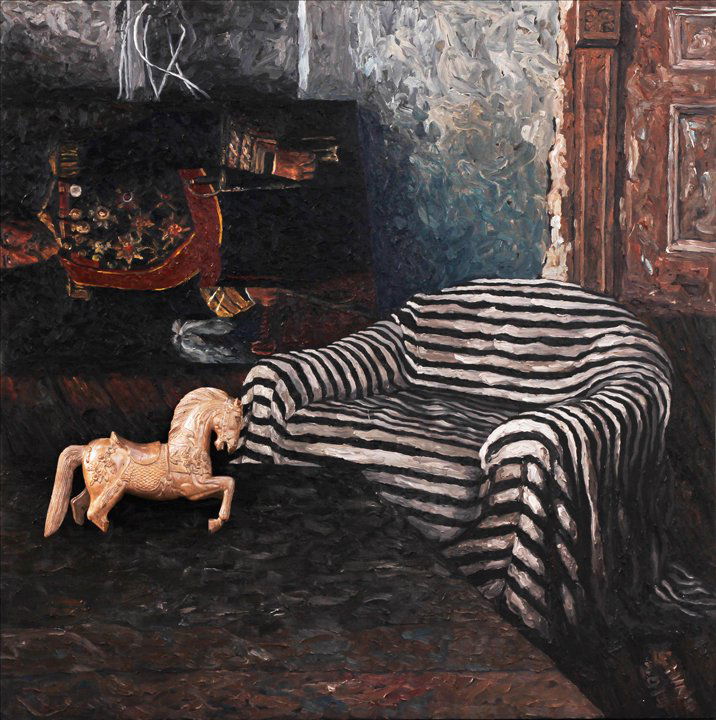 Jonathan Ching (1969): I Thought It Was Mozart signed and dated 2014 (lower right) oil on canvas + wooden horse 60” x 60” (152 cm x 152 cm) The subconscious is never objective. It is a mixture of fact and fiction, weavi