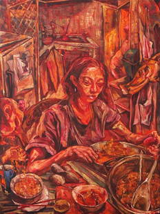 Melvin Culaba (b.1971): Ganito ang Tamang Pagkain signed and dated 2008 (upper right) oil on canvas 48” x 36” (122 cm x 91 cm) This piece by Culaba (in English ‘this is the proper way to eat’) is a study on two level