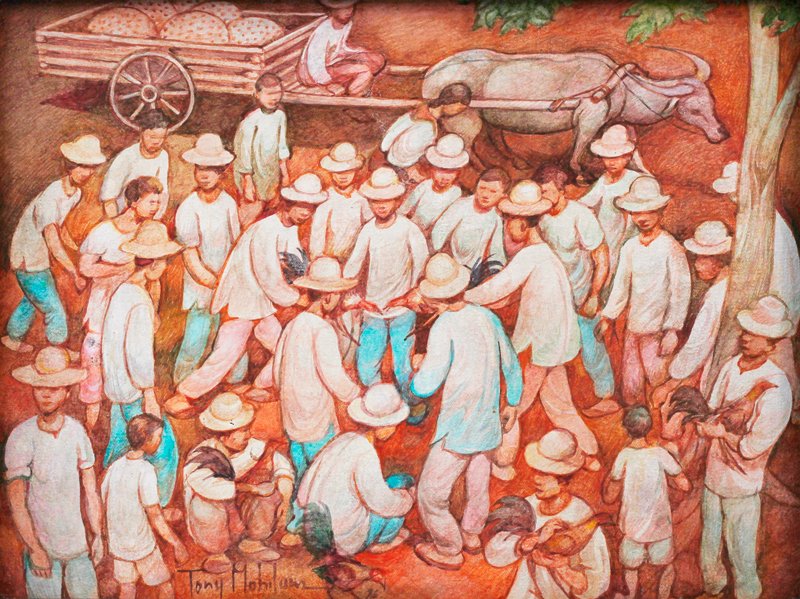 Tony Mahilum (b.1948): Pintakasi signed and dated 1996 (lower left) acrylic on canvas 12” x 16” (30 cm x 41 cm) Tony Mahilum specialized in genre paintings that often incorporated landscape elements. These densely popul