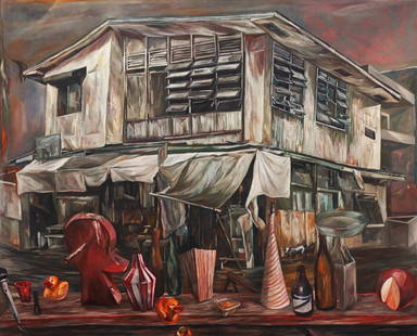 Melvin Culaba (b.1971): Taunang Panata, Palaging Sa Umpisa lang signed and dated 2013 (upper right) oil on canvas 58” x 72” (147 cm x 183 cm) This very piece is a rendition of Culaba’s ancestral home in Baclaran. The h