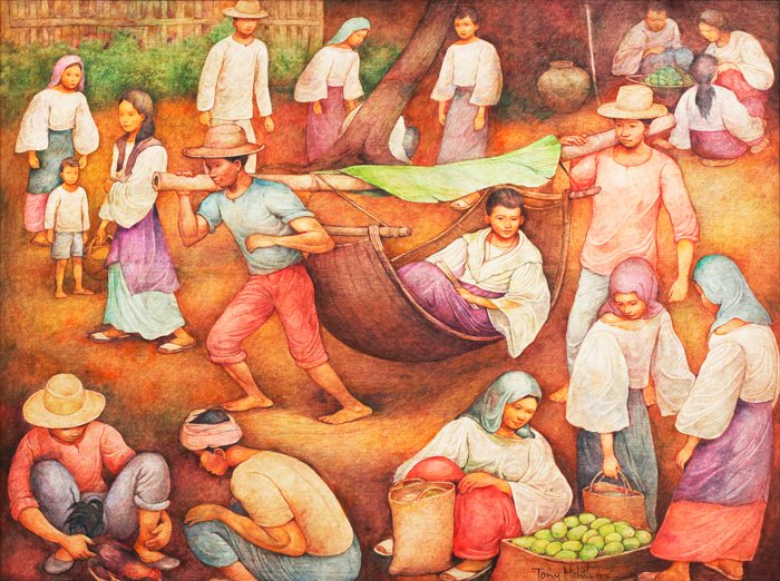 Tony Mahilum (b.1948): Untitled signed and dated 1992 (lower right) oil on canvas 30” x 40” (76 cm x 102 cm) Mahilum has been known to create utopic genre paintings teeming with people. These rustic scenes, populated by