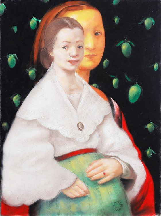 Joy Mallari (b.1966): Lihi dated 2006 chalk pastel on paper 24” x 18” (61 cm x 46 cm) Joy Mallari puts her creativity on display once more, this time with a mother to be as the center of her piece. A lady who is about