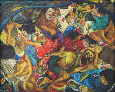 Melvin Culaba (b.1971): Pasada signed and dated 1997 (upper left) oil on canvas 48”x 60” (122 cm x 152 cm) Provenance: Norman Crisologo Collection A sense of the carnivalesque pervades Jeepney, one of Melvin Culaba’s e