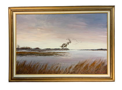 Hank Walker (1919-1995) Oil on Canvas of Flock of Canadian Geese Landing: Hank Walker (1919-1995) Oil on Canvas of Flock of Canadian Geese Landing. In excellent condition. Signed lower right. Sight size is 23.5’ by 35.5”. Shipping for this lot is available ONLY via