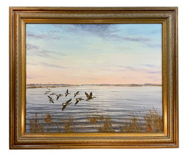 Hank Walker (1919-1995) Oil on Canvas of Flock of Canadian Geese Flying: Hank Walker (1919-1995) Oil on Canvas of Flock of Canadian Geese Flying. In excellent condition. Signed lower right. Sight size is 23.5&rdquo; by 29.5&rdquo;. Shipping for this lot is available via ON