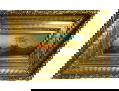 Attributed to Albert Bierstadt (1830 –1902) Oil on Board Tropical Landscape: Attributed to Albert Bierstadt (1830 –1902) Oil on Board Tropical Landscape. Inscribed on backing board “(Indistinct) from Potter Palmer, Chicago said to be by Albert Bierstadt ca. 1893.”